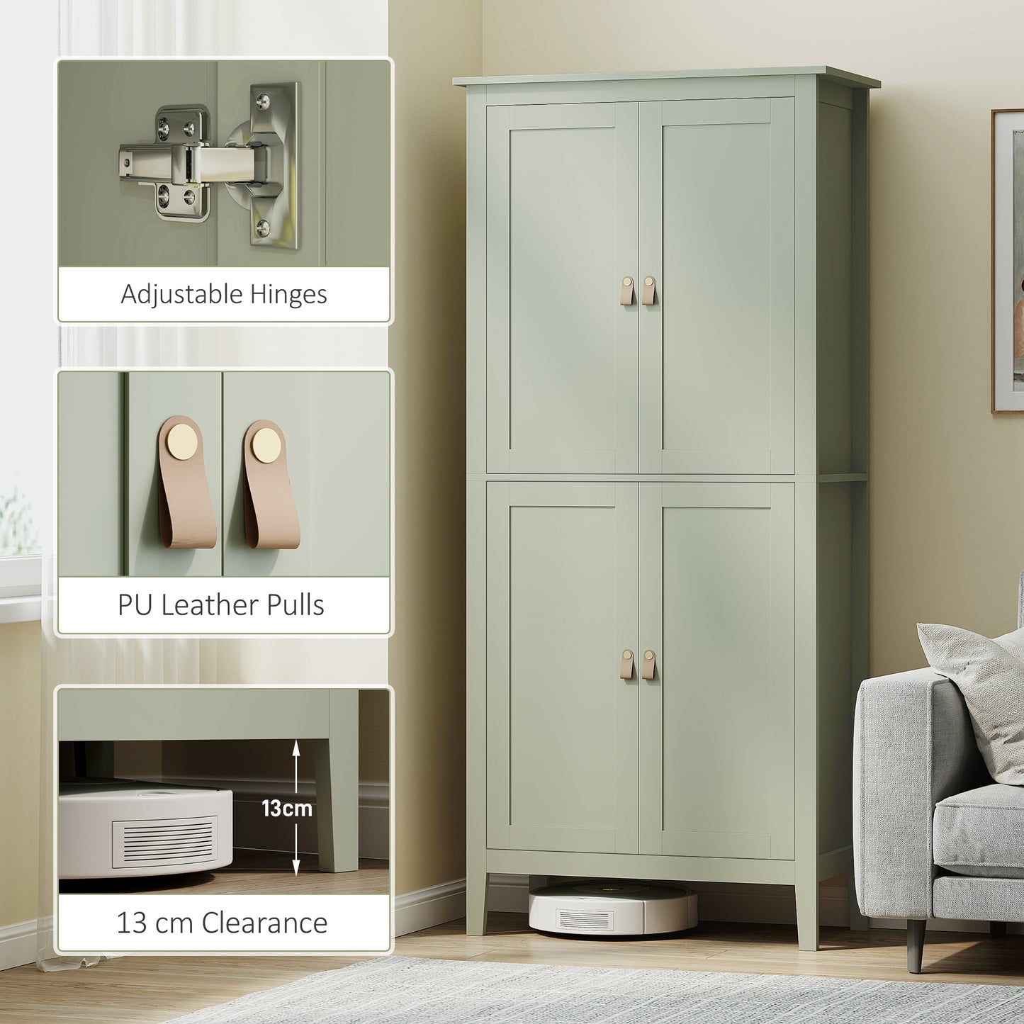HOMCOM Tall Pantry Cupboard With Motion Sensor LED Light Green Cabinet With Adjustable Shelves And Three Colour Options