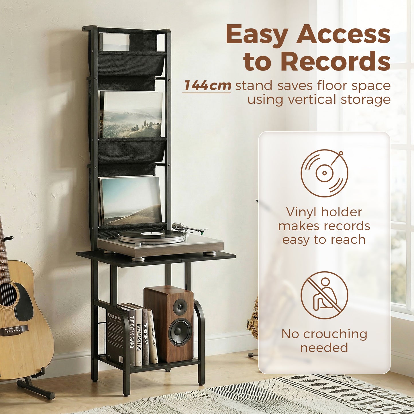 HOMCOM Vinyl Record Player Stand And Storage With Oxford Fabric Pockets Bottom Shelf Black