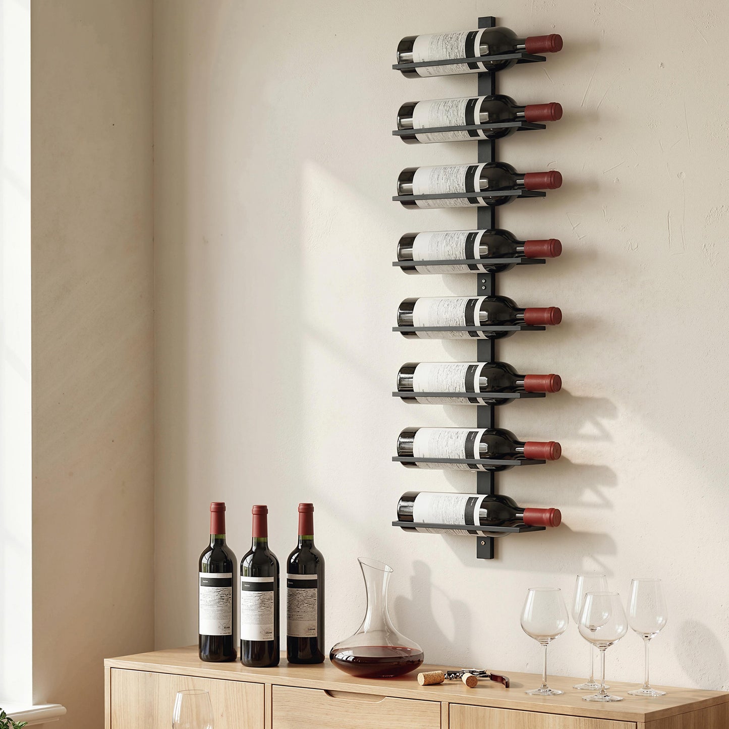 HOMCOM Wall Mounted 8 Tier Metal Wine Rack Display Holder For Kitchen Black Space Saver
