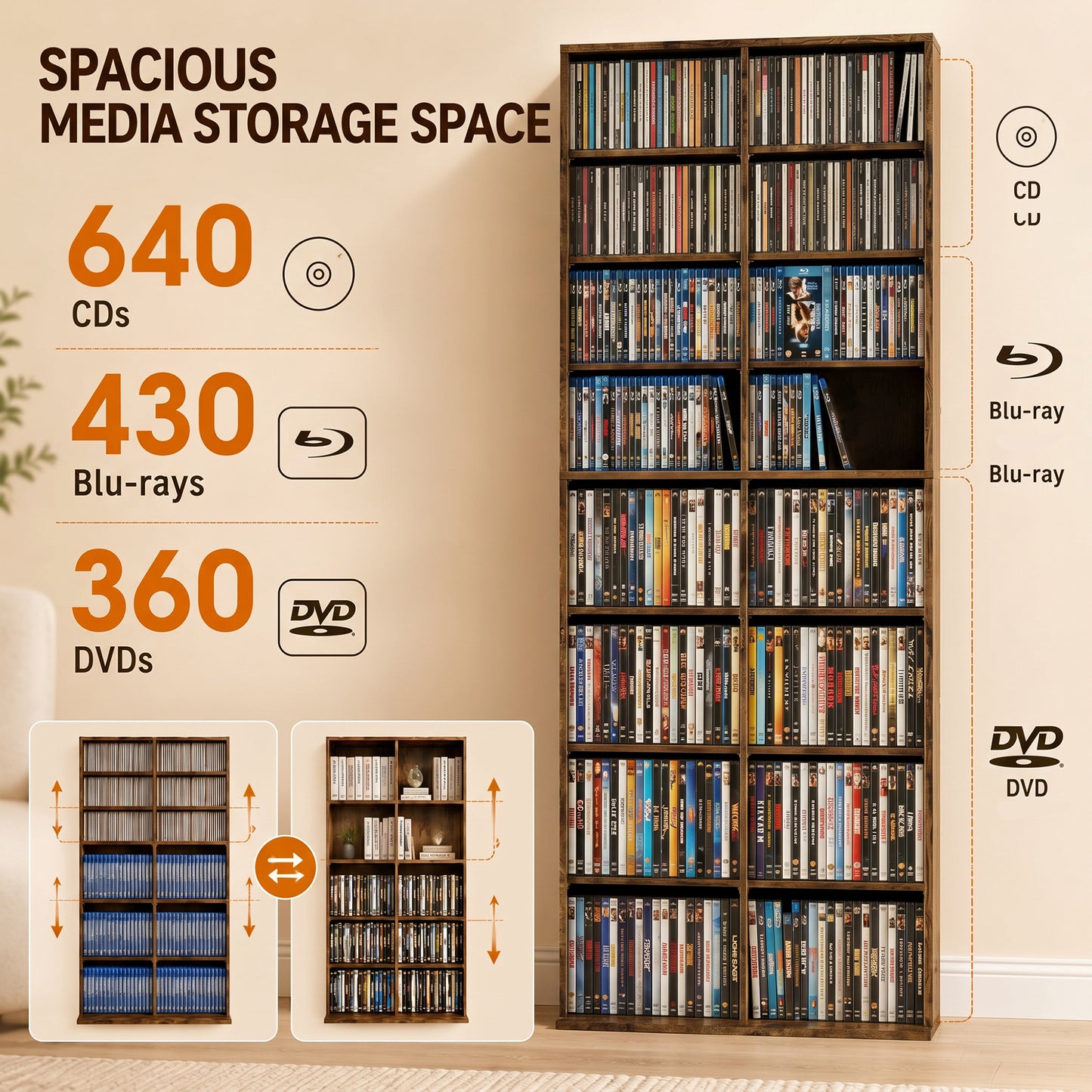 HOMCOM 640 CD Storage Tower Rustic Brown with 14 Adjustable Shelves and Anti Tipping
