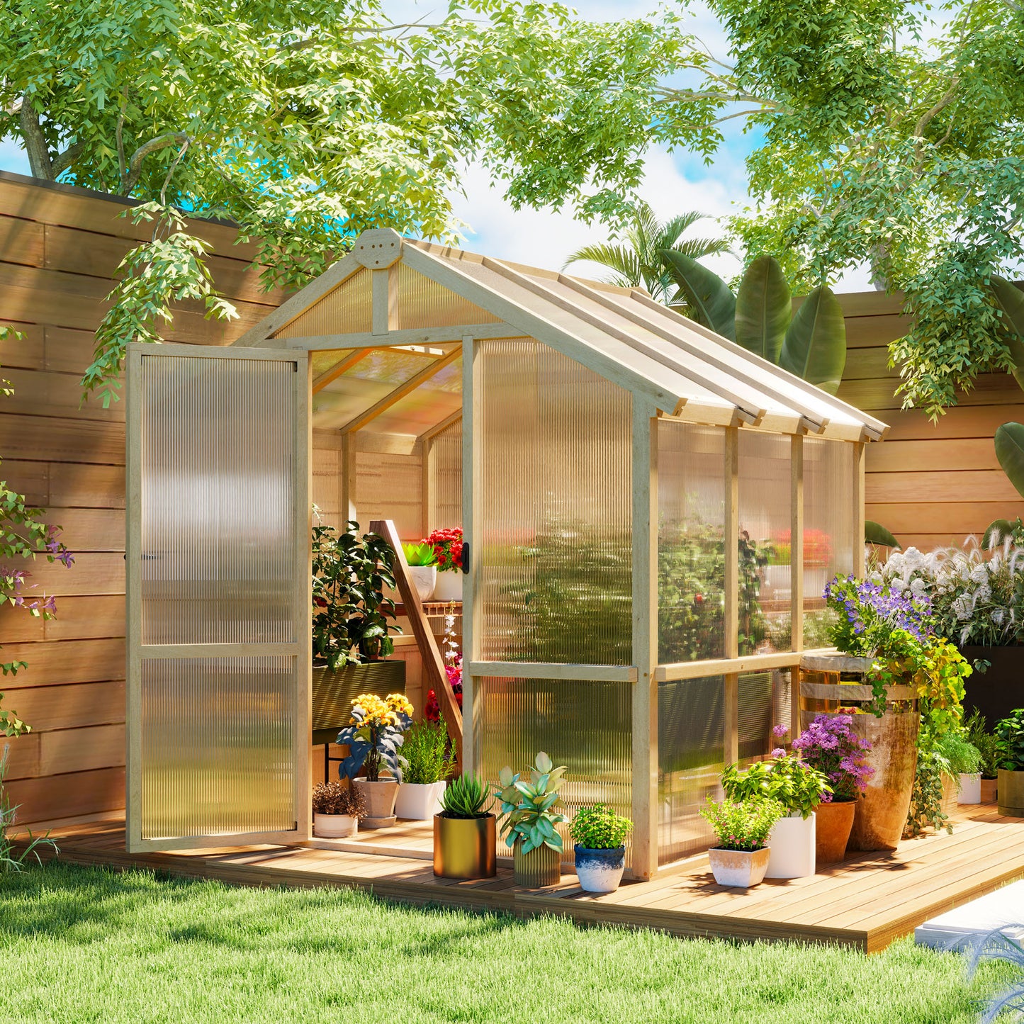 Outsunny 6.6 by 6ft Polycarbonate Walk In Wooden Greenhouse Lockable Door and Window Brown Garden Grow House