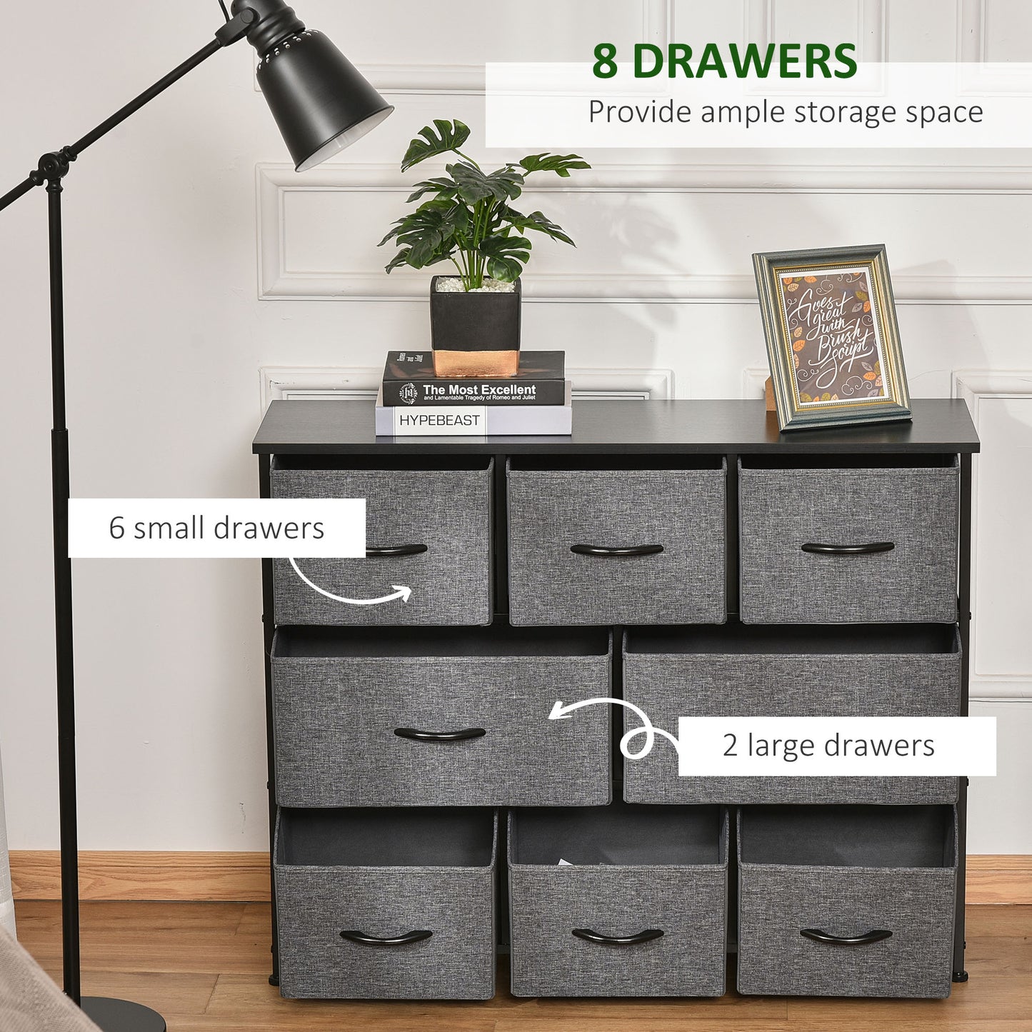 HOMCOM Chest of Drawers with 8 Foldable Drawers, 3-Tier Fabric Bedroom Dresser, Clothes Storage Unit for Bedroom Living Room, Dark Grey