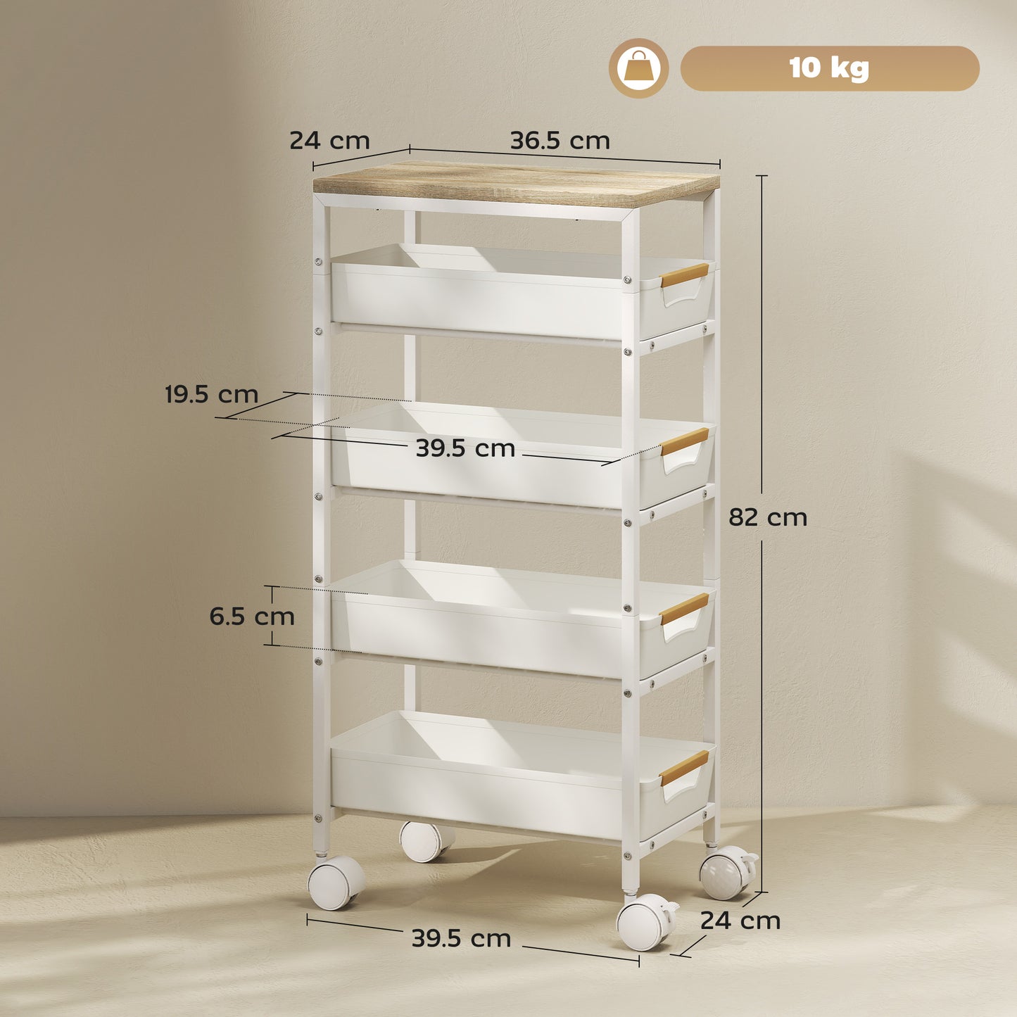 HOMCOM Five Tier Storage Trolley On Wheels White Kitchen Cart With Wood Effect Top And Four Pull Out Drawers