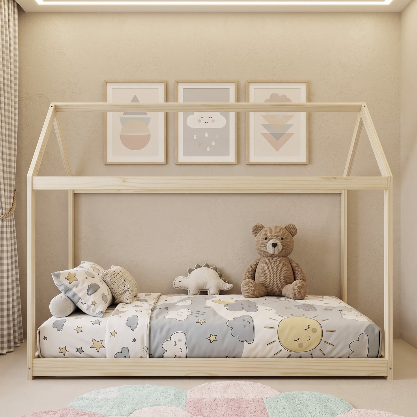 HOMCOM Single Bed Frame House Shaped Scandinavian Wooden Bed Frame for 90W x 190Dcm Mattress Pine Wood Natural Finish