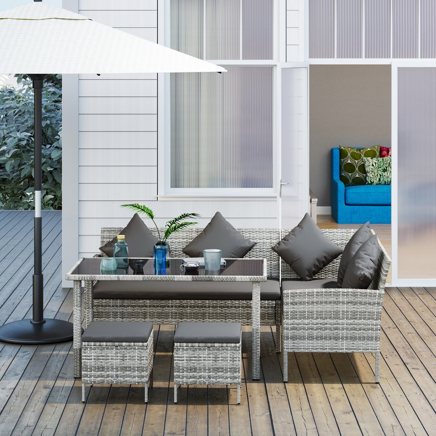 Outsunny 6 Seater Rattan Outdoor Garden Dining Set With Table Two 2-Seat Lounger Sofas Two Footstools Cushions Dark Grey