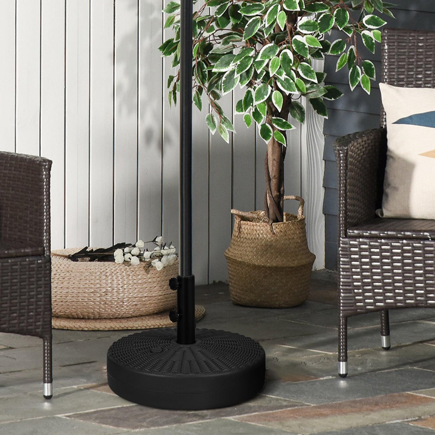 Outsunny 29kg Round Umbrella Parasol Base with Rattan Effect, Plastic Umbrella Stand for Outdoor Patio Umbrella, Black - ALL4U RETAILER LTD