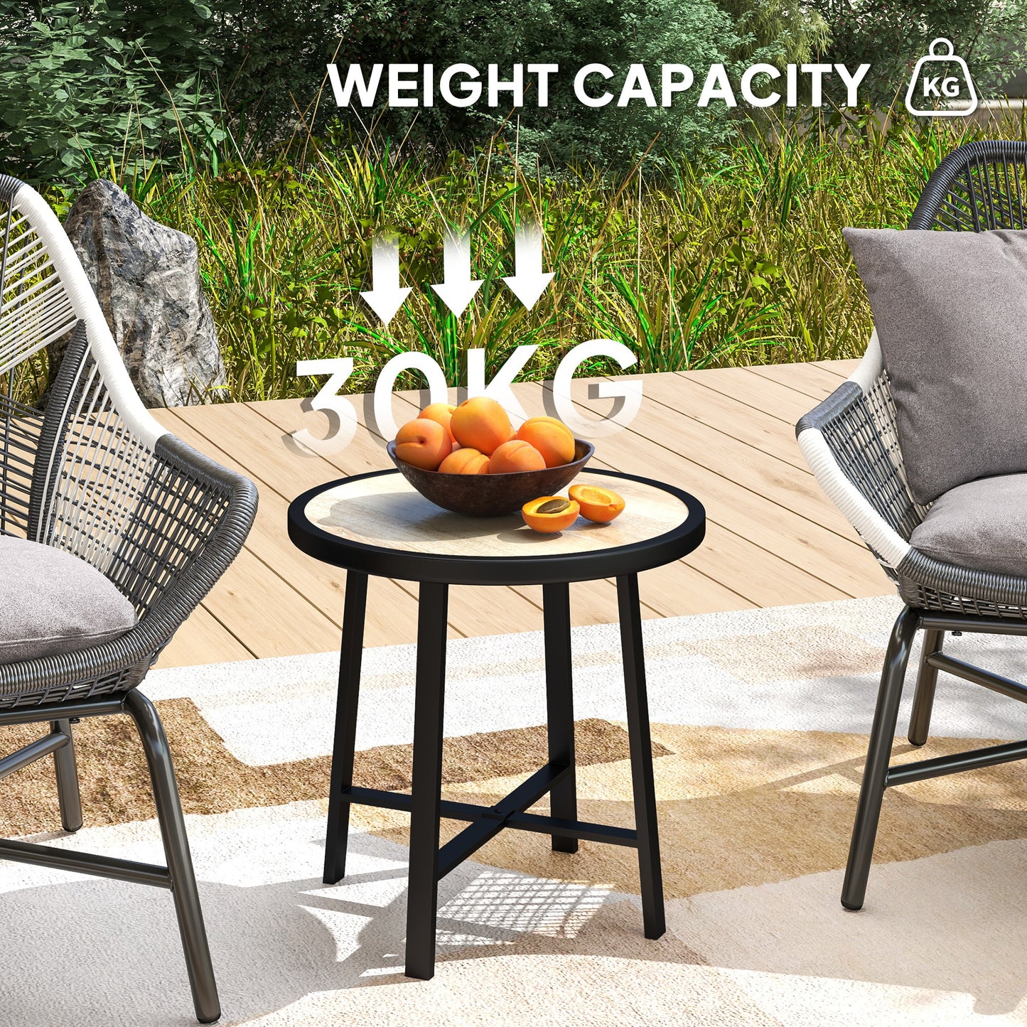Outsunny Round Garden Table 50.5cm With SPC Tabletop And Metal Frame Anti Slip Feet Nature Wood Finish Outdoor Balcony