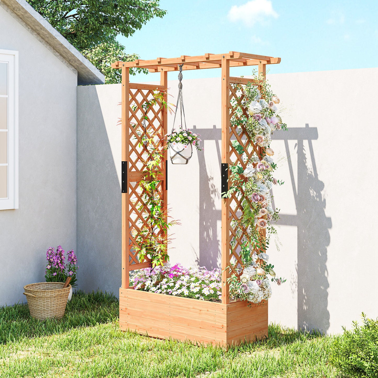 Outsunny Fir Wood Planter and Trellis Garden Bed 110 by 44 cm with 85 by 39 cm Growing Bed for Plants Flowers and Fruits