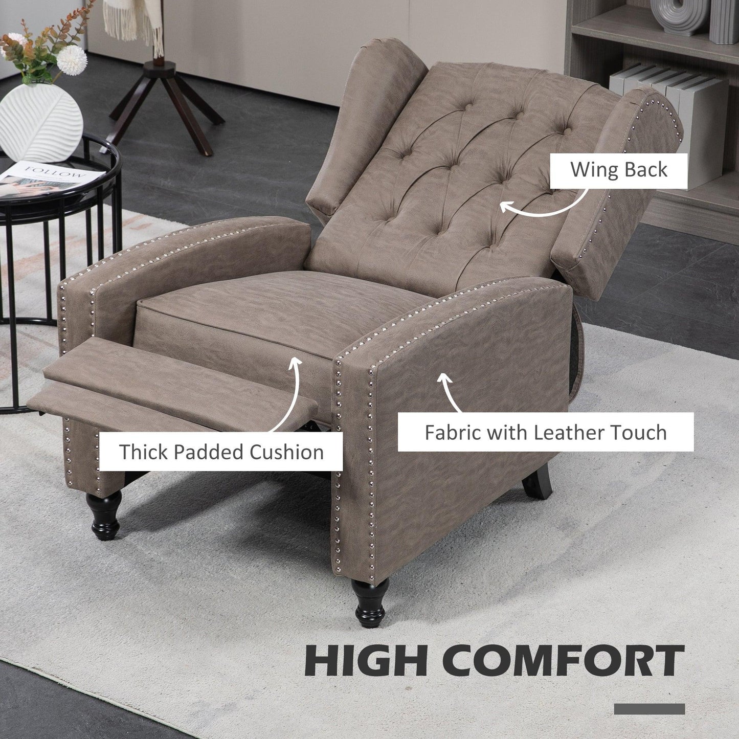 HOMCOM Studded Upholstered Reclining Armchair w/ Retractable Footrest Brown - ALL4U RETAILER LTD