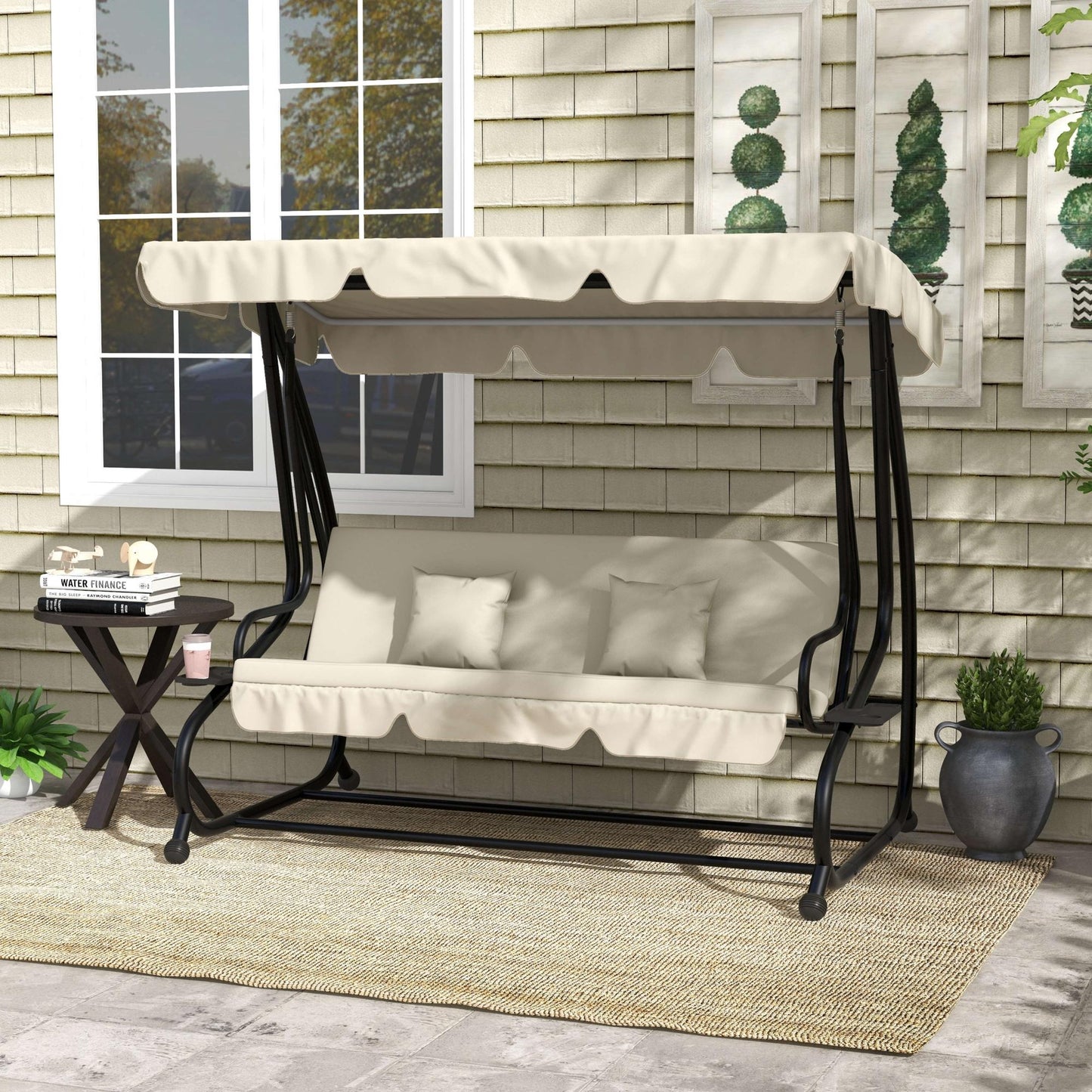 Outsunny Convertible Three-Seater Swing Chair Bed With Canopy For Garden Balcony Or Porch In Cream