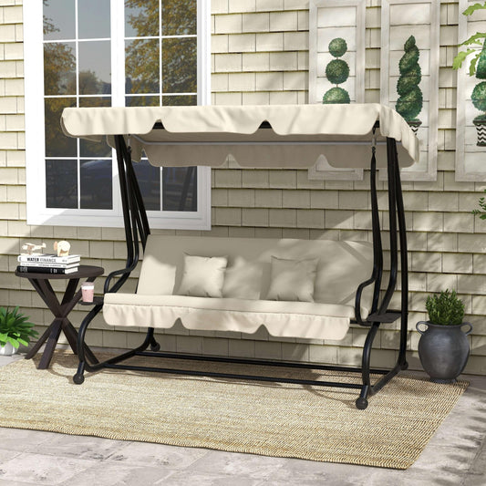 Outsunny Convertible Three-Seater Swing Chair Bed With Canopy For Garden Balcony Or Porch In Cream