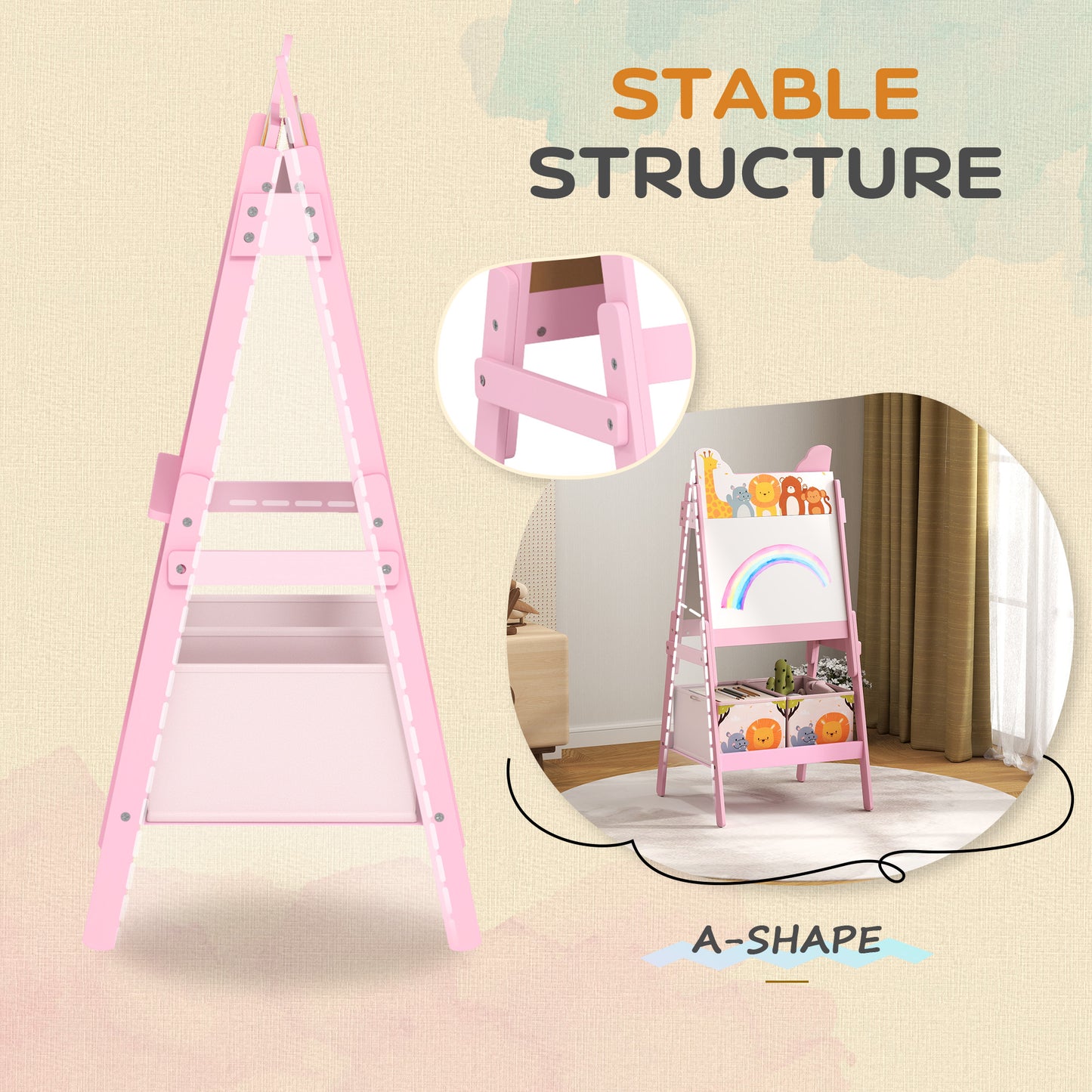 AIYAPLAY 2 In 1 Kids Easel With Whiteboard And Chalkboard Storage Boxes For Ages 3 To 8 Pink