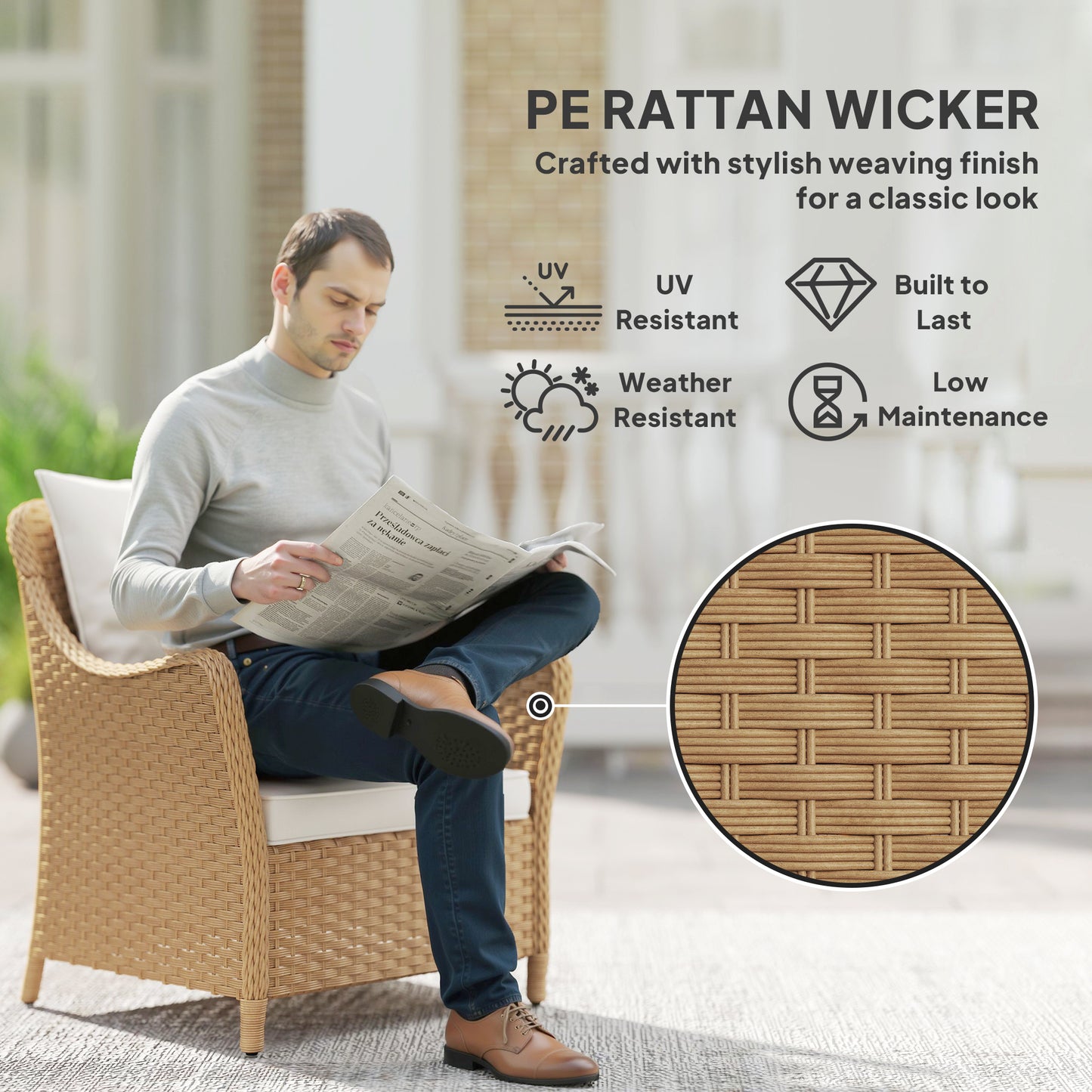 Outsunny Rattan Garden Chairs Set Of 2 With Cushions Armrests High Back PE Wicker Steel Frame For Balcony Porch Beige