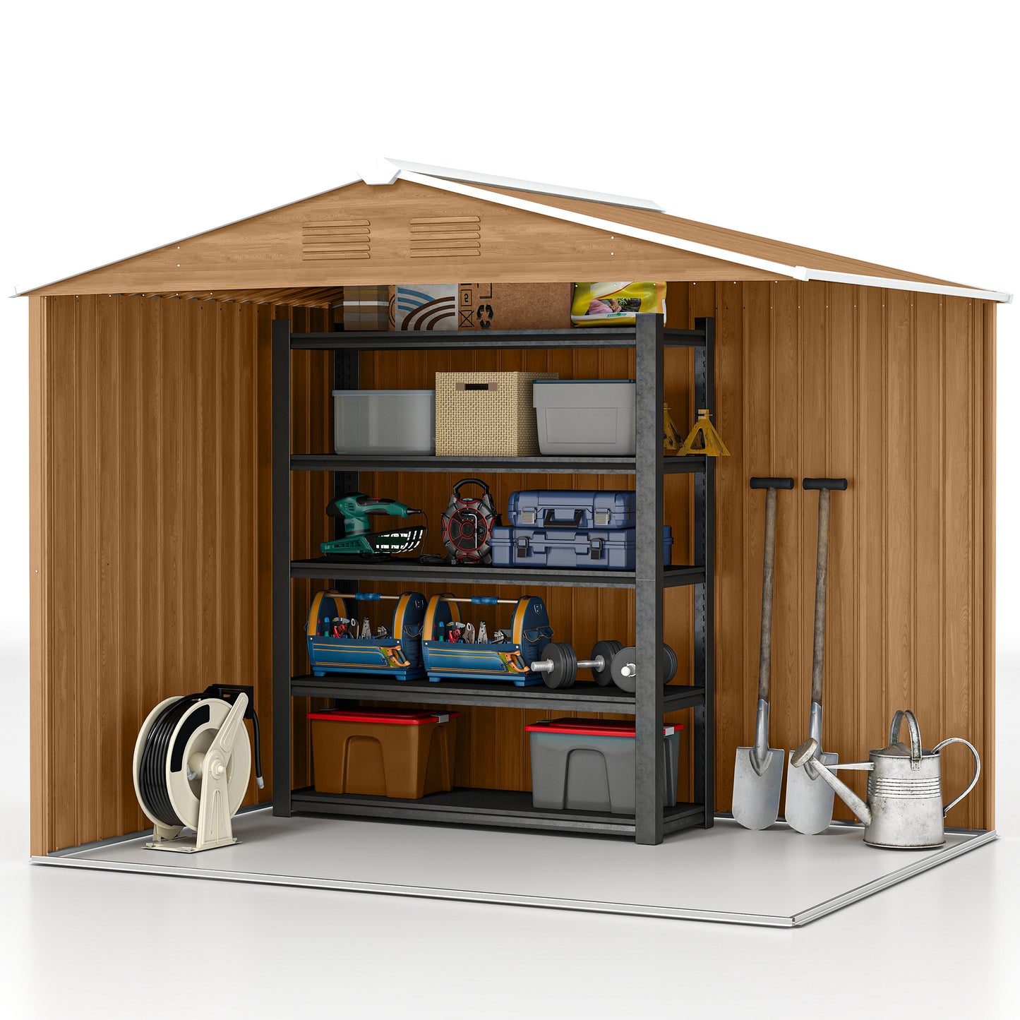 Outsunny 8x6ft Galvanised Steel Shed With Double Doors Brown Garden Tool Storage Weatherproof