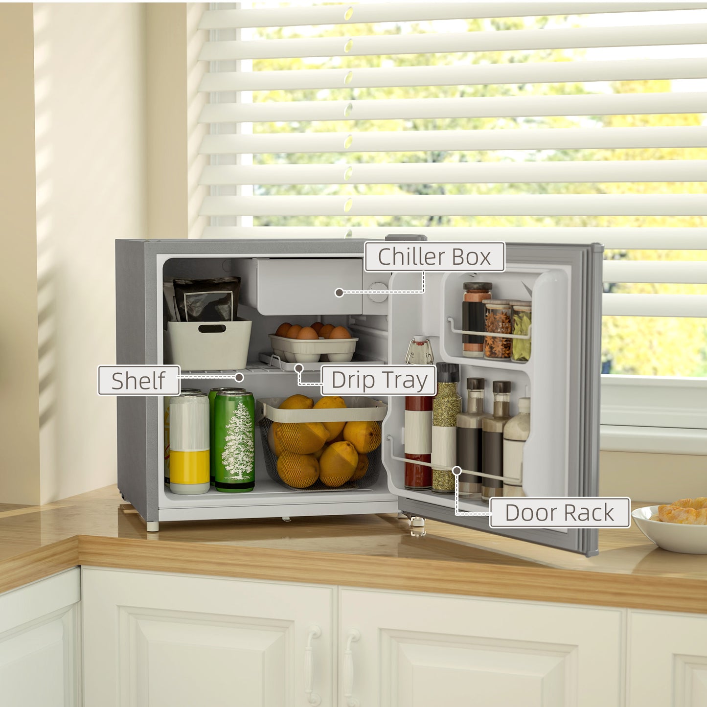 HOMCOM 46 Litre Lockable Countertop Fridge Grey 46L Compact Kitchen Mini Fridge With Lock and Keys