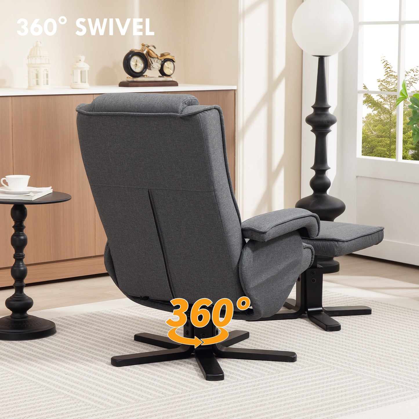 HOMCOM Swivel Recliner Chair With Footstool Charcoal Grey Linen 135 Degree Recline For Living Room And Fireside Comfort