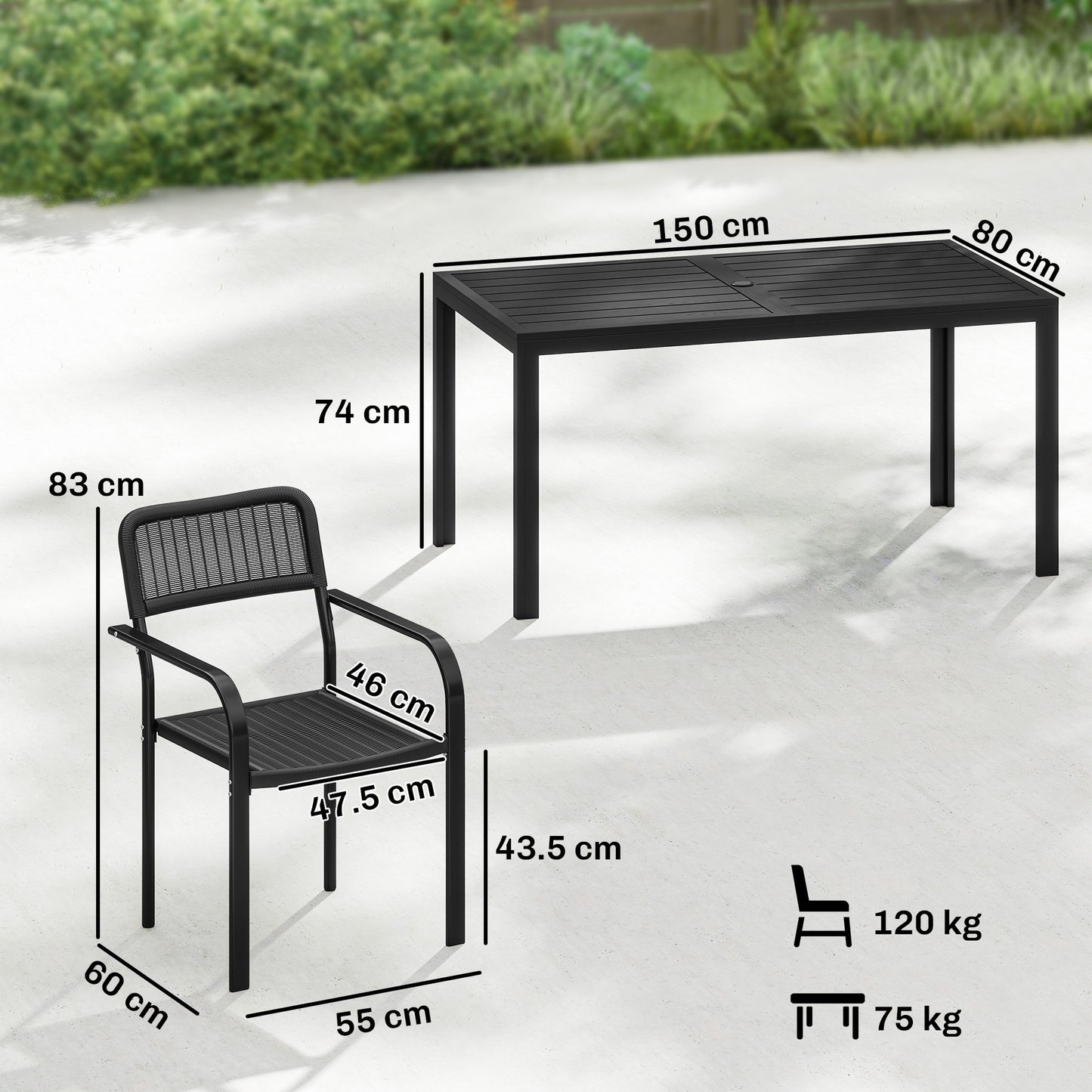 Outsunny Outdoor Garden Dining Set For Six With Faux Wood Table And Stackable Metal Chairs Rattan Effect Seats Black