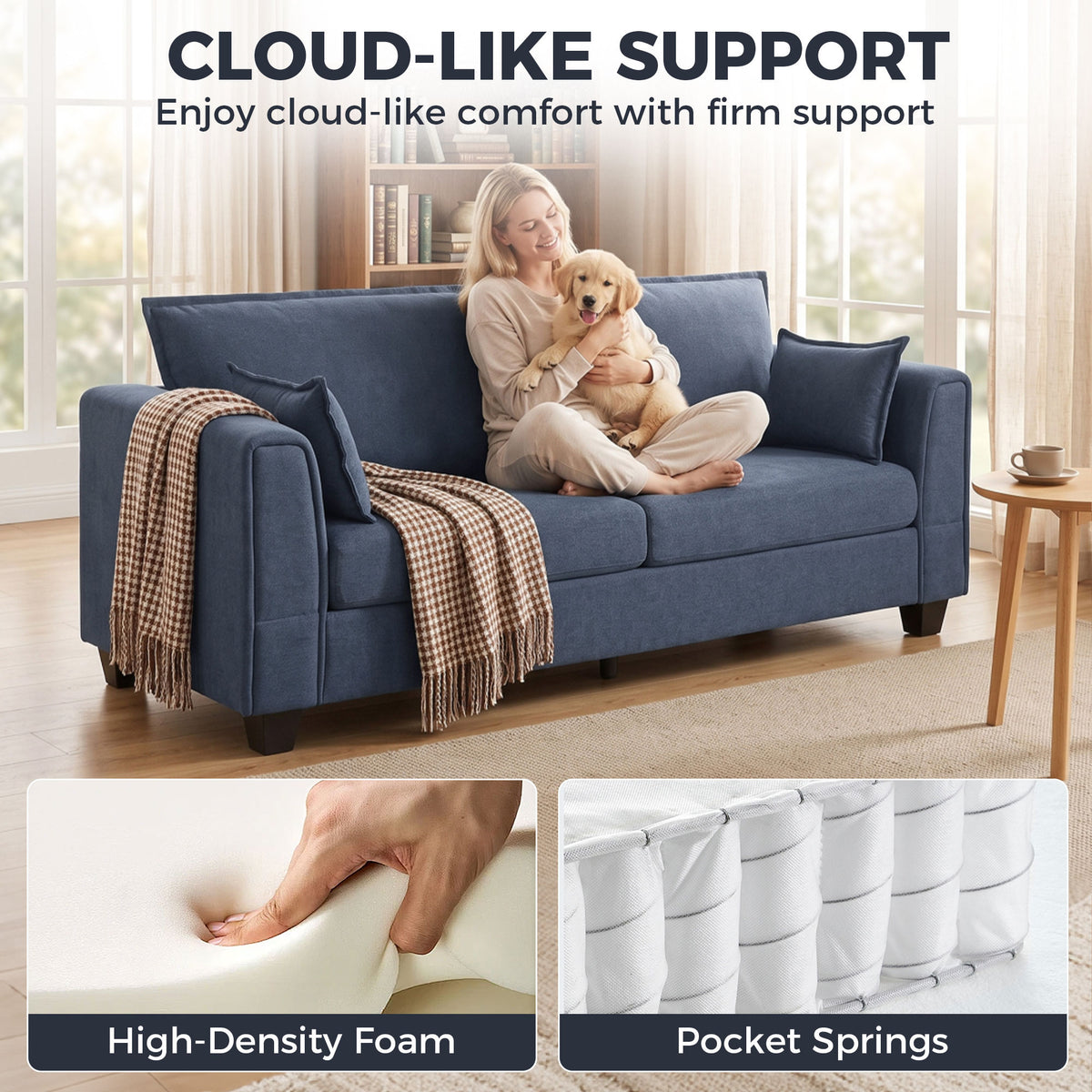 3-seat sofa with dark blue upholstery, firm cushions and two arm-rest pillows