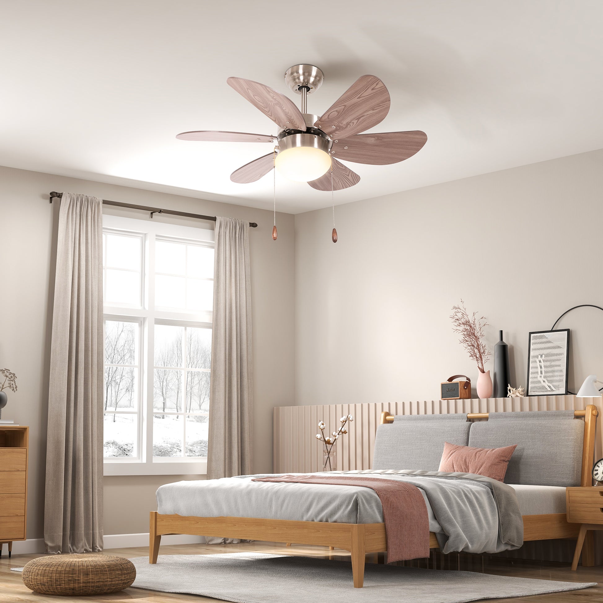 HOMCOM Walnut Brown Flush Mount Ceiling Fan with LED Light and Reversible Blades - ALL4U RETAILER LTD