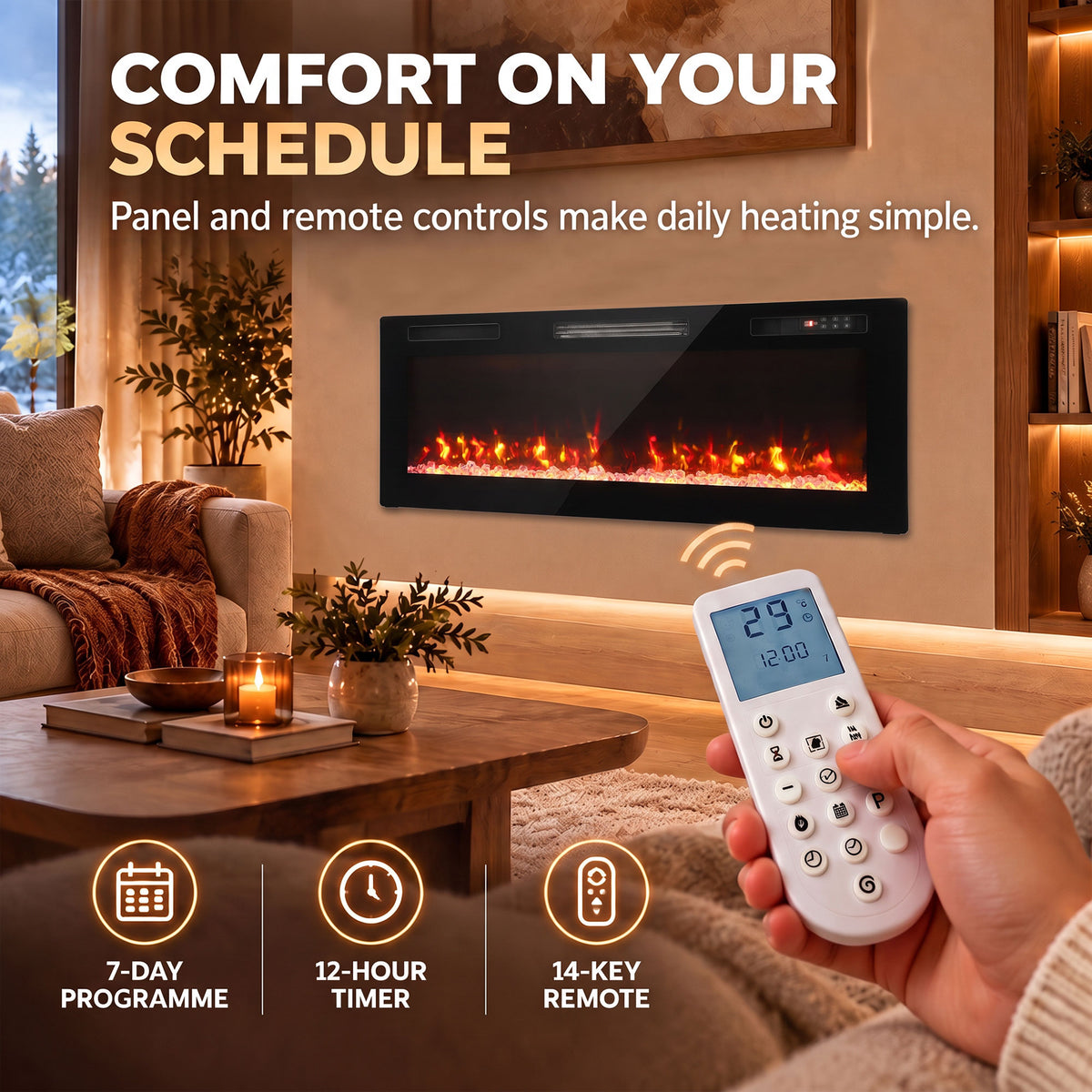 Electric fireplace with flame window and handheld remote controller in front