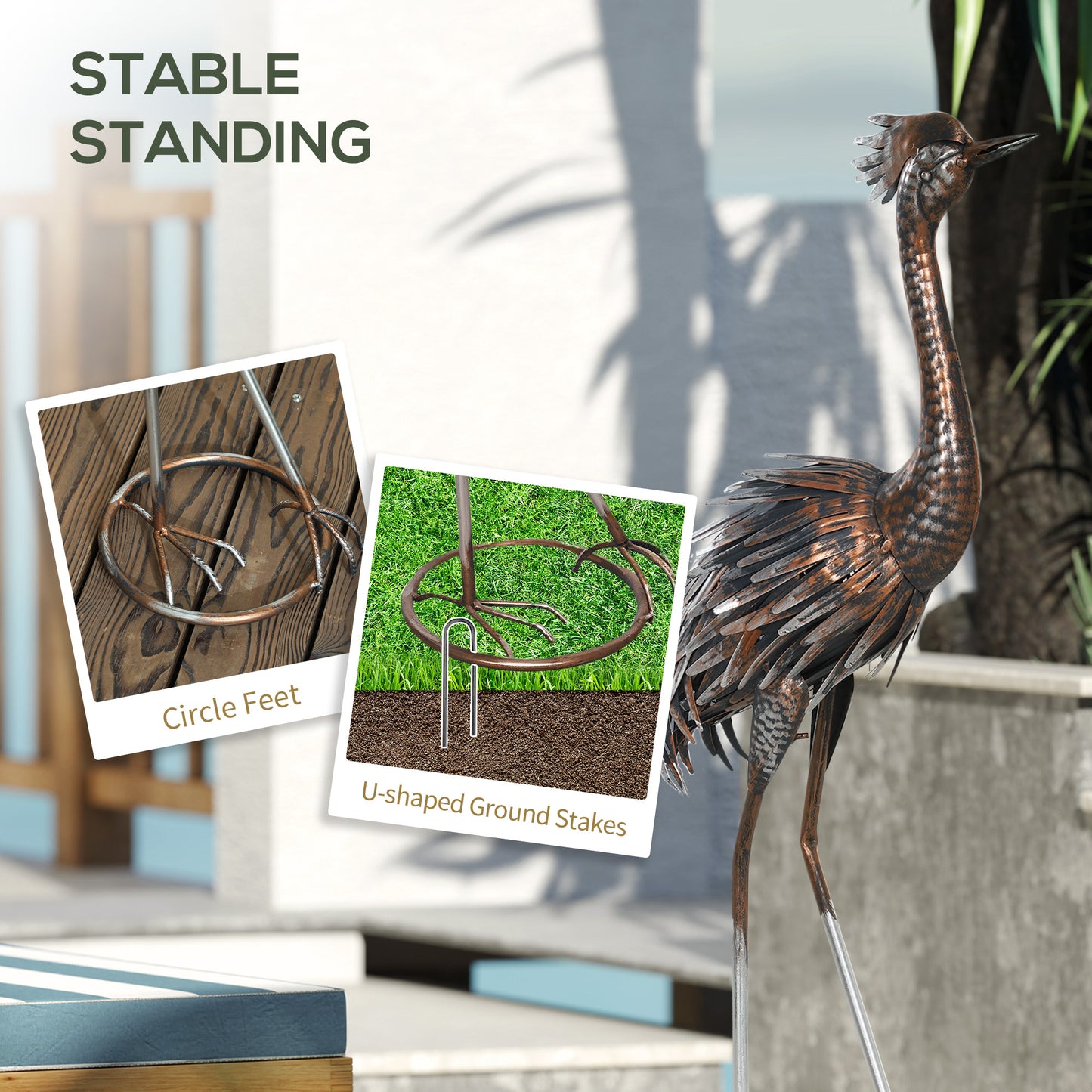 Outsunny Heron Garden Statue With Stakes Standing Metal Ornament For Patio Pond Landscape Decoration Silver Tone