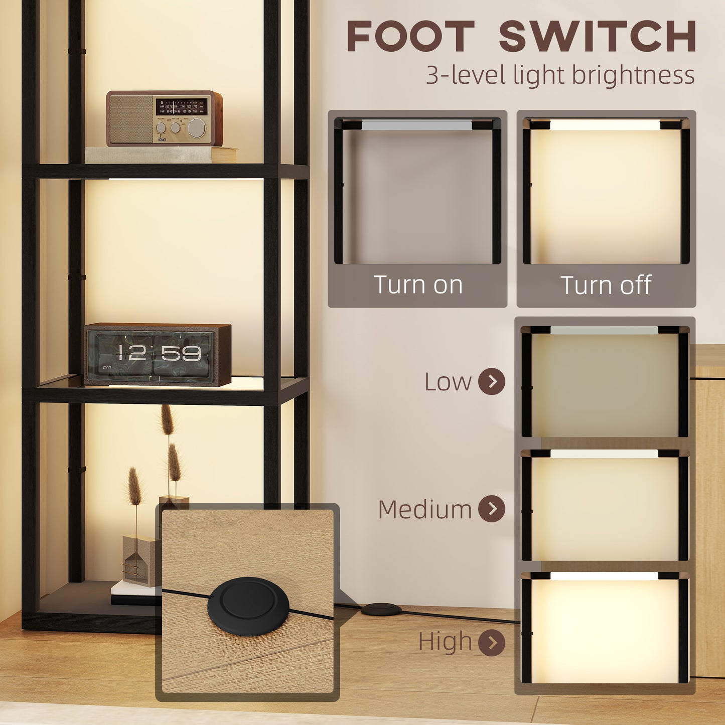 HOMCOM Four Shelf Floor Lamp With Four Warm White LEDs And Storage Shelves And Tempered Glass Black Finish