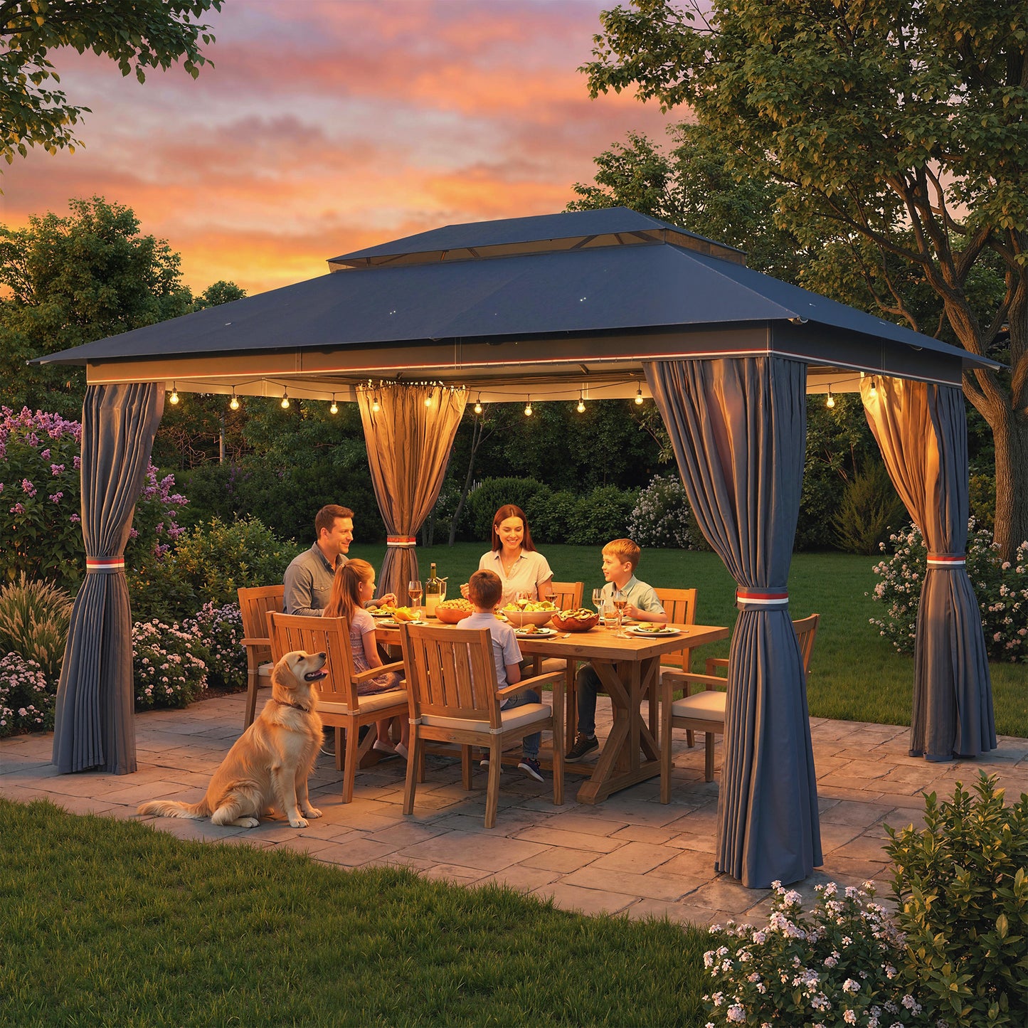 Outsunny 3 x 4 m Outdoor Garden Gazebo With Netting And Curtains UPF50 Plus Patio Permanent Pavilion Canopy Dark Blue