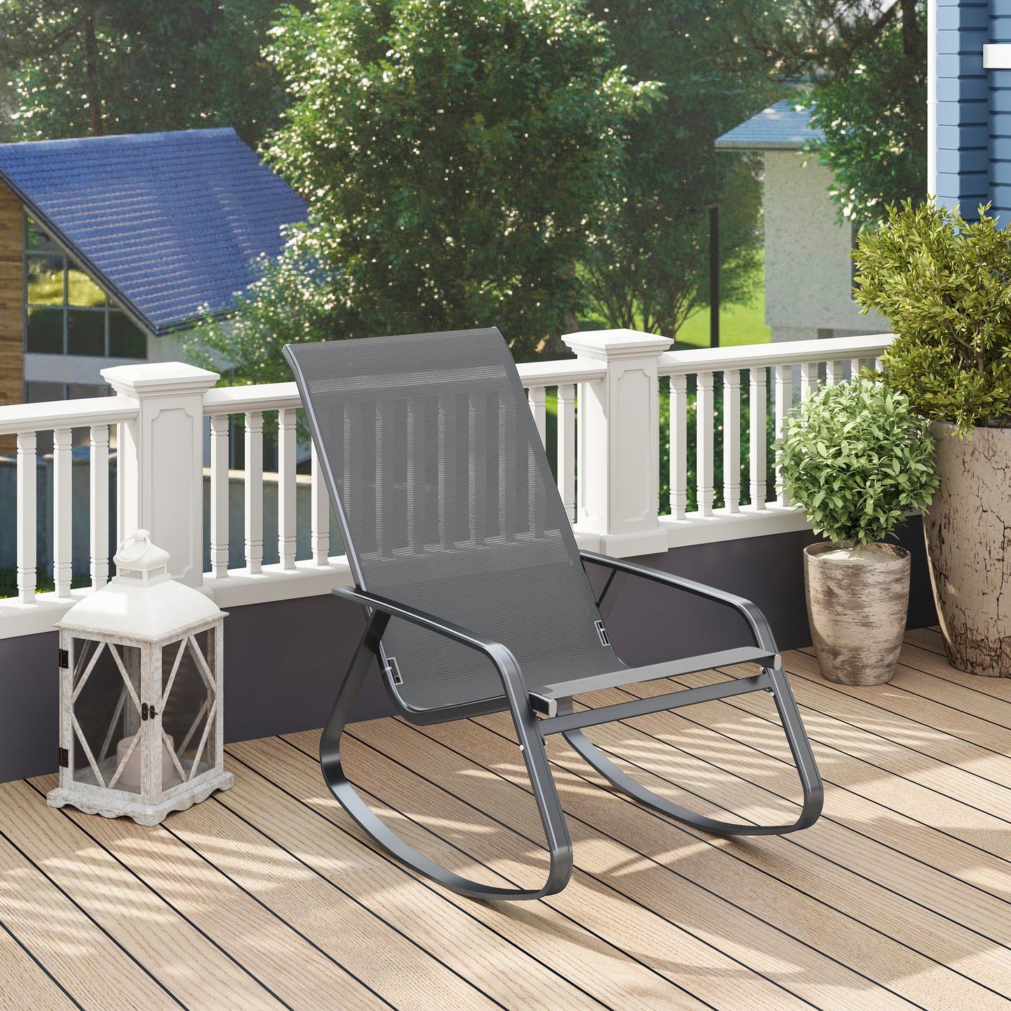 Outsunny Grey Rocking Garden Chair With Texteline Seat 110 To 150 Degree Motion
