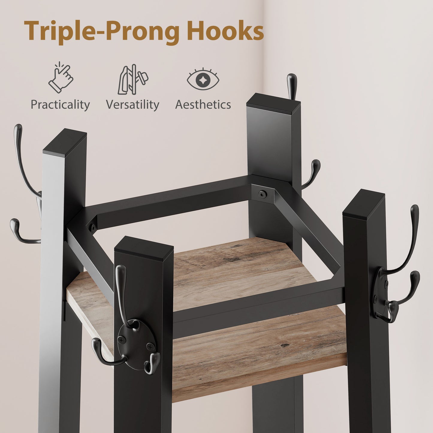 HOMCOM Industrial-Style Four-Shelf Coat Stand With Eight Triple-Prong Hooks In Grey And Black