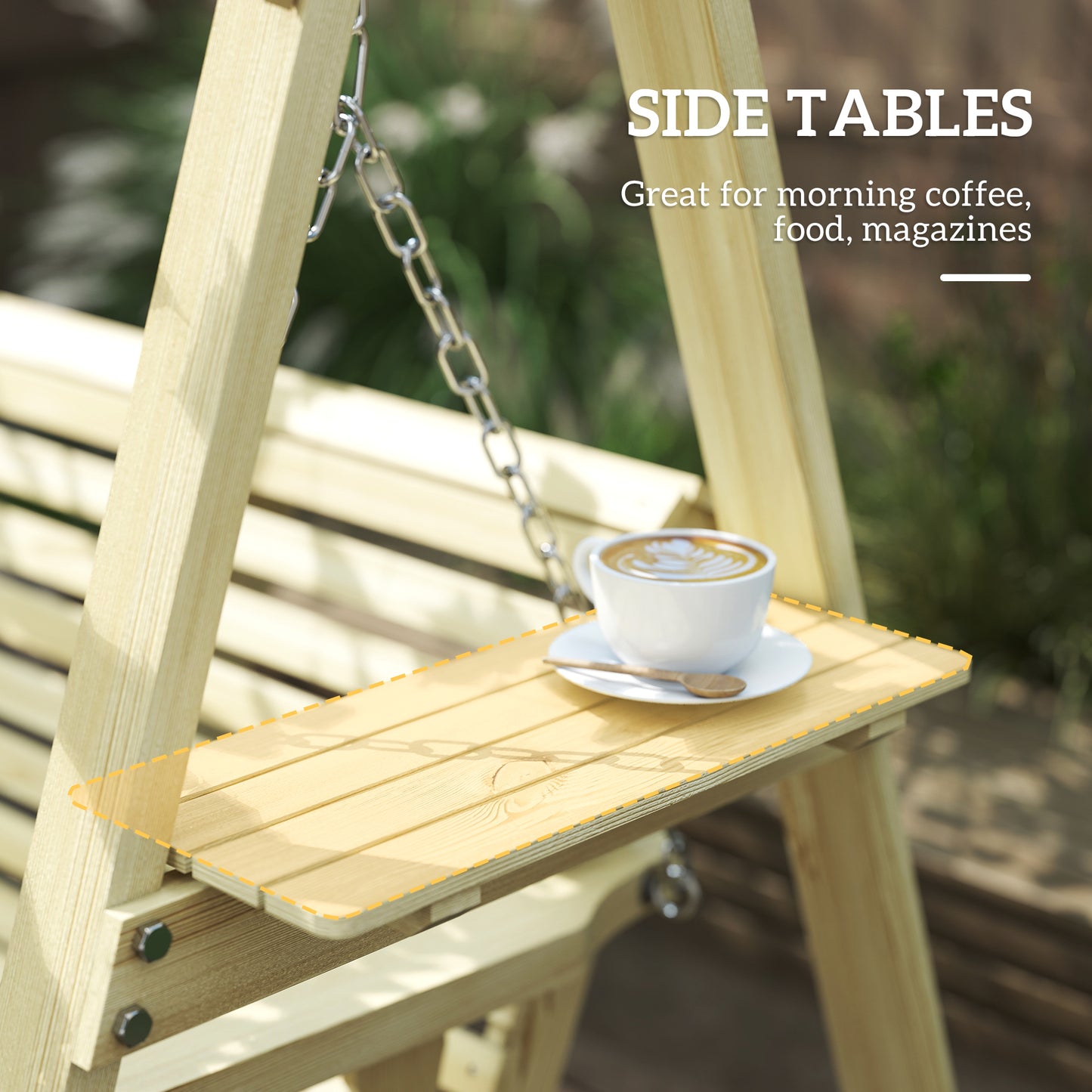 Outsunny Three Seater Wooden Swing Bench With Side Tables For Outdoor Garden Patio Furniture