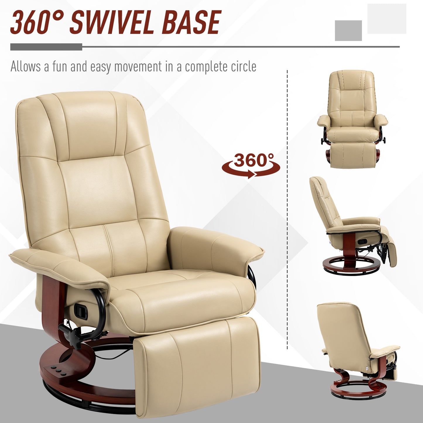 HOMCOM Reclining Armchair With Footrest Cream White 360 Degree Swivel Wood Frame Padded