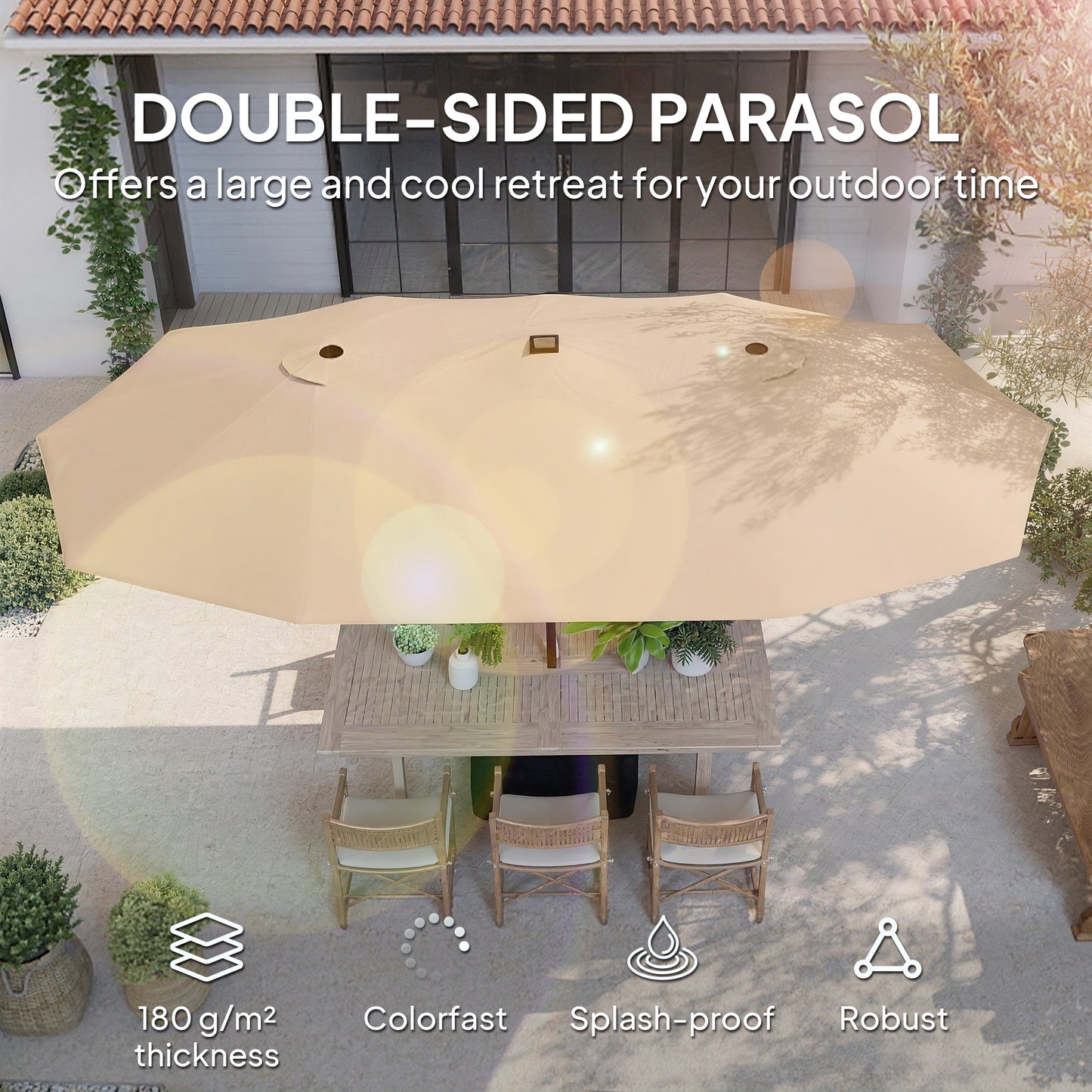 Outsunny Double Sided Patio Umbrella With Solar Powered LED Lights And Base Khaki 450 X 265 Cm Shade