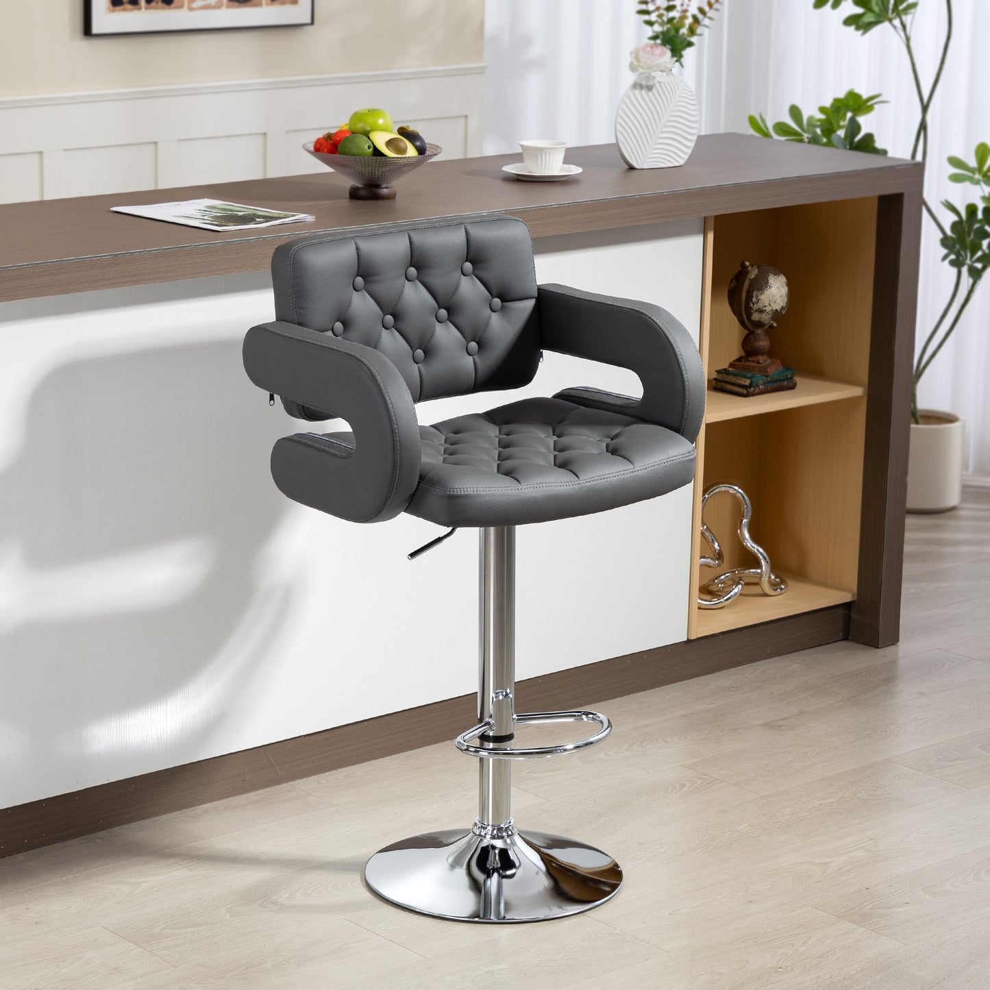 HOMCOM PU Leather Upholstered Swivel Bar Stool With Height Adjustable Backrest Armrests Footrest Grey