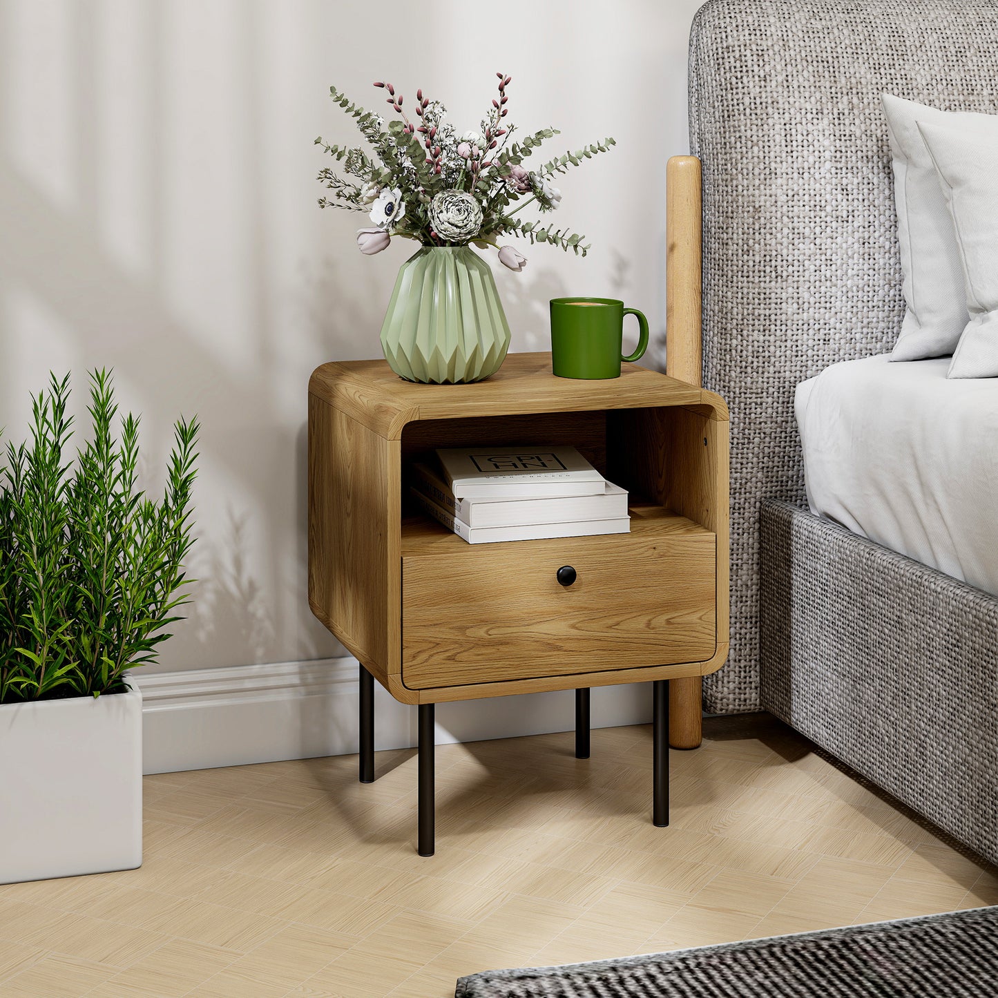 HOMCOM Oak Bedside Table With Drawer And Open Shelf Modern Nightstand For Bedroom Rounded Corner Design