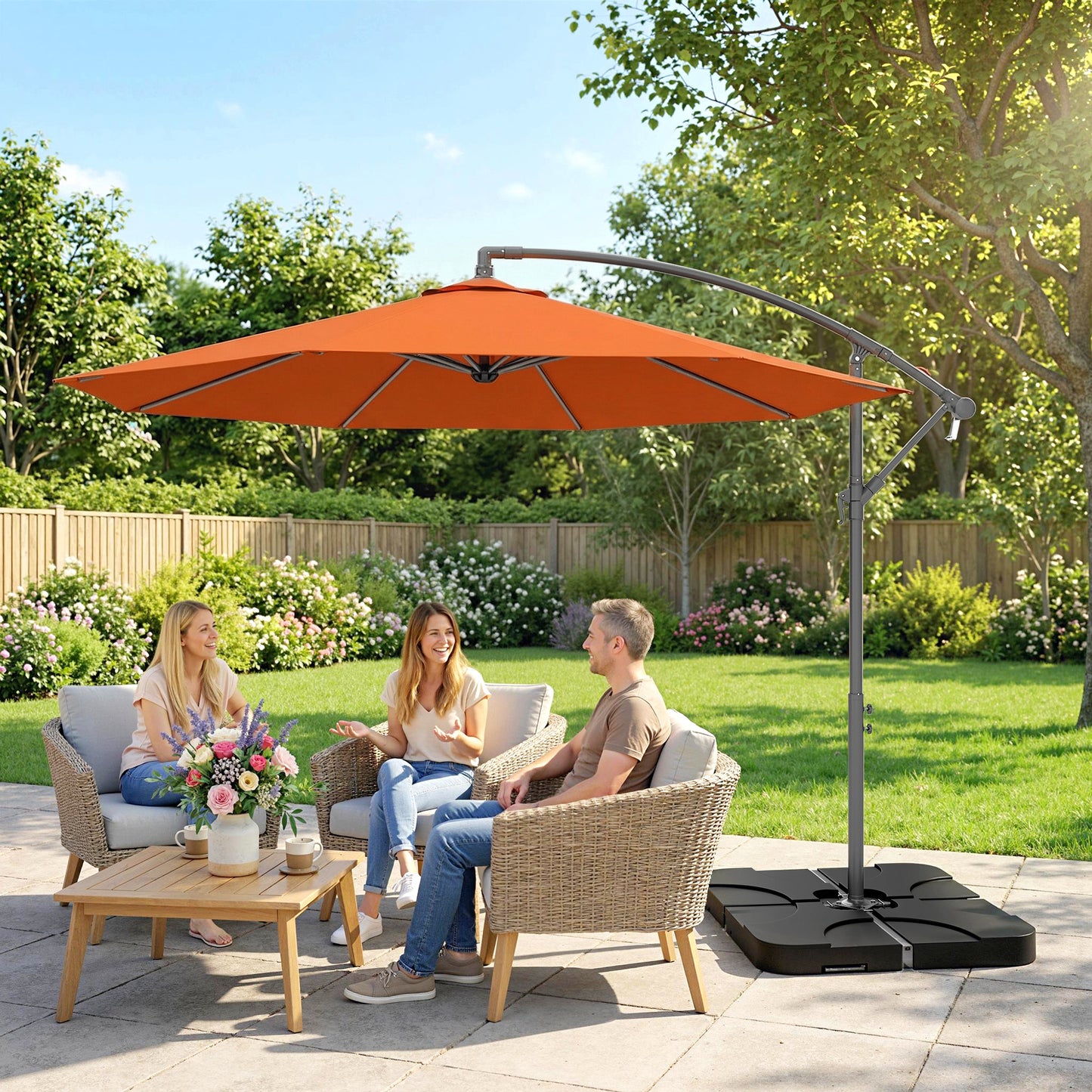 Outsunny 3M Cantilever Overhanging Parasol With Base Weights And Cover Orange Outdoor