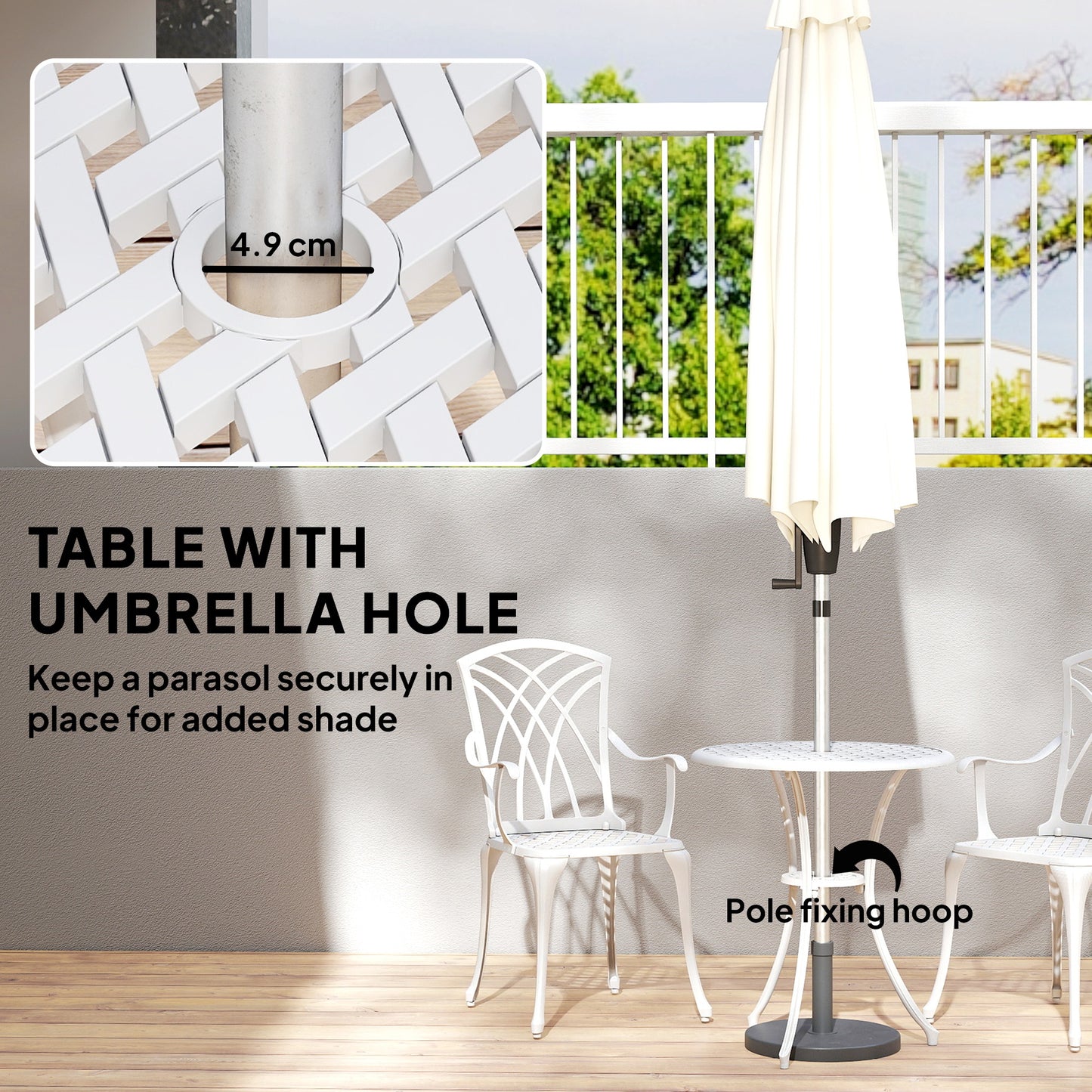 Outsunny 3 Piece Garden Bistro Set Cast Aluminium Outdoor Dining Set With 2 Chairs And Round Table Parasol Hole White