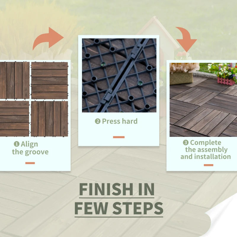 Outsunny 27 Pcs Interlocking Decking Tiles - Solid Wood for Patio, Balcony, Roof Terrace, Hot Tub - Black (30 x 30 cm Per Piece) - ALL4U RETAILER LTD