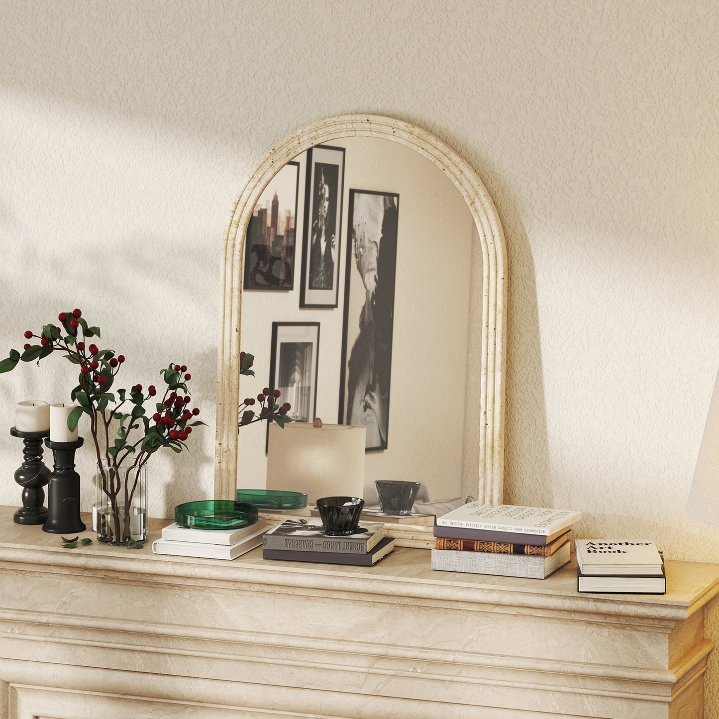 HOMCOM Arched Wall Mirror With Grooved Edge And Hooks Wall Mounted Modern Tempered Glass Beige