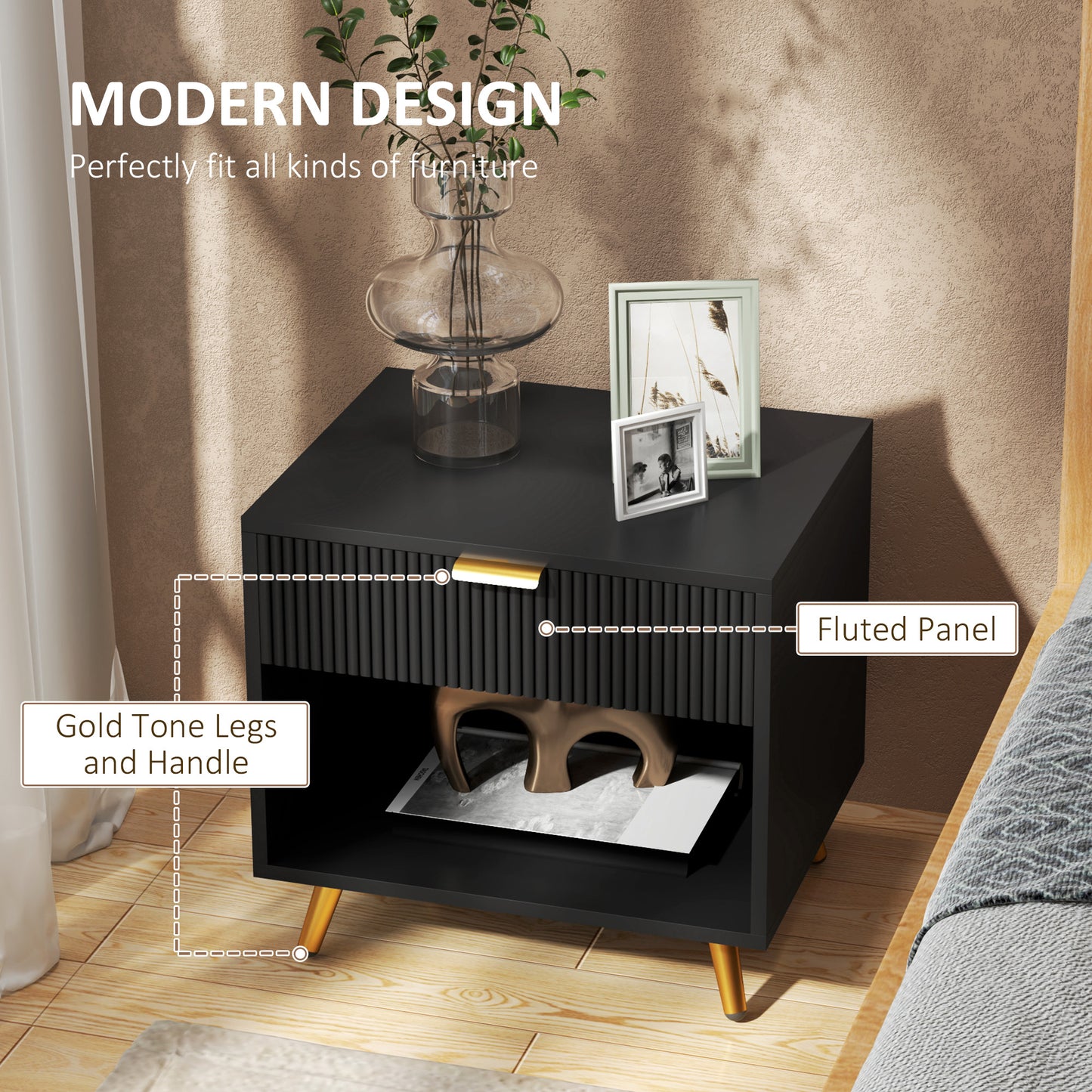 HOMCOM Elegant Bedside Table Set of 2 With Drawer and Shelf Black Gold Tone Finish