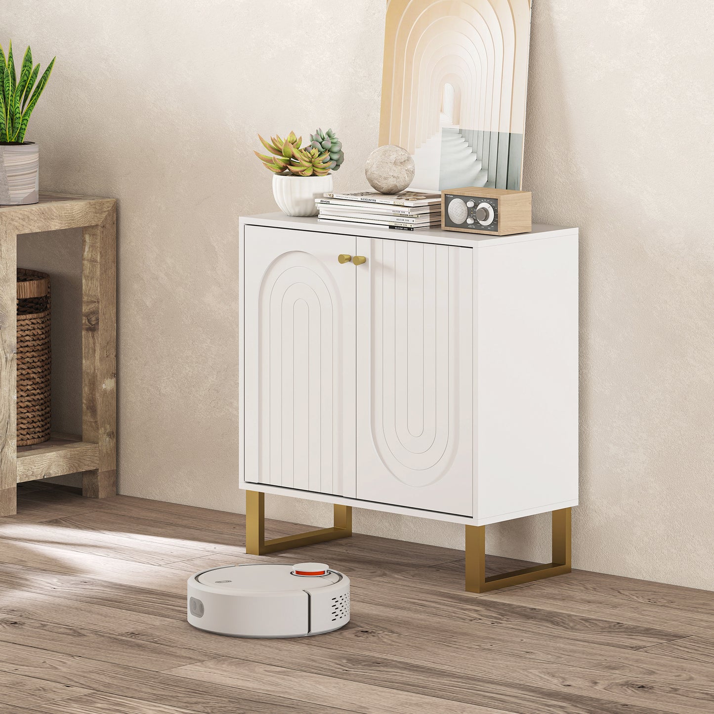 HOMCOM 2 Door Sideboard Storage Cabinet White Adjustable Three Level Shelf Arched Doors And Golden Accents Living Room