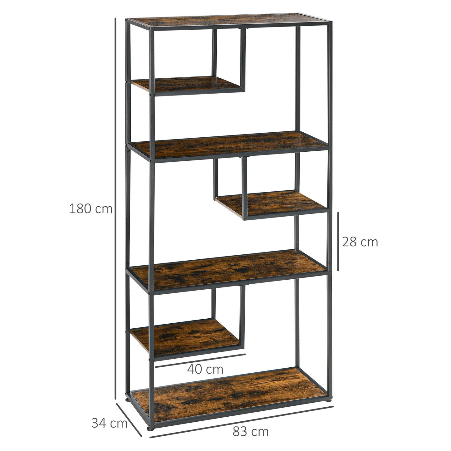 HOMCOM Industrial Bookcase Shelf, 7 Tier Metal Shelving, Storage Shelves for Living Room, Home Office, Bedroom, Rustic Brown - ALL4U RETAILER LTD