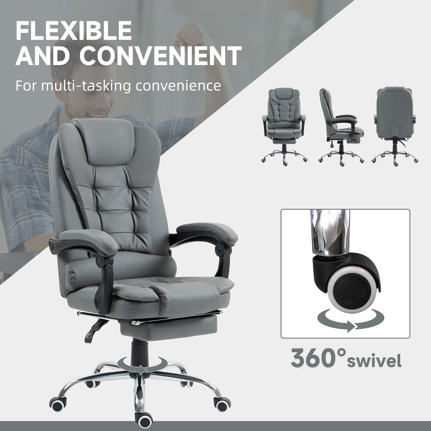 HOMCOM Ergonomic PU Leather Office Chair with Adjustable Features, Swivel Wheels, and Retractable Footrest - Grey - ALL4U RETAILER LTD