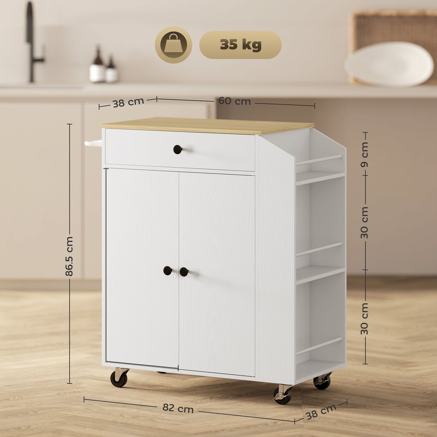 HOMCOM Rolling Kitchen Island With 3 Tier Spice Rack And Drawer Towel Rack White