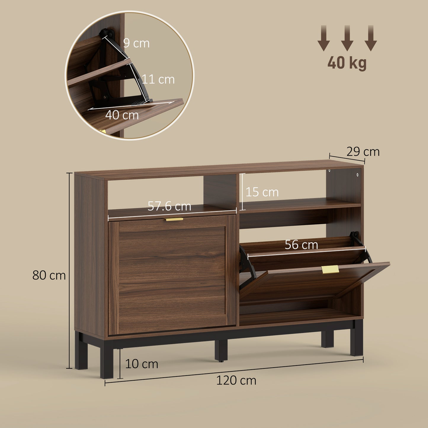 HOMCOM Narrow Shoe Cabinet With Two Flip Drawers Rustic Brown Entryway Hallway Shoe Storage