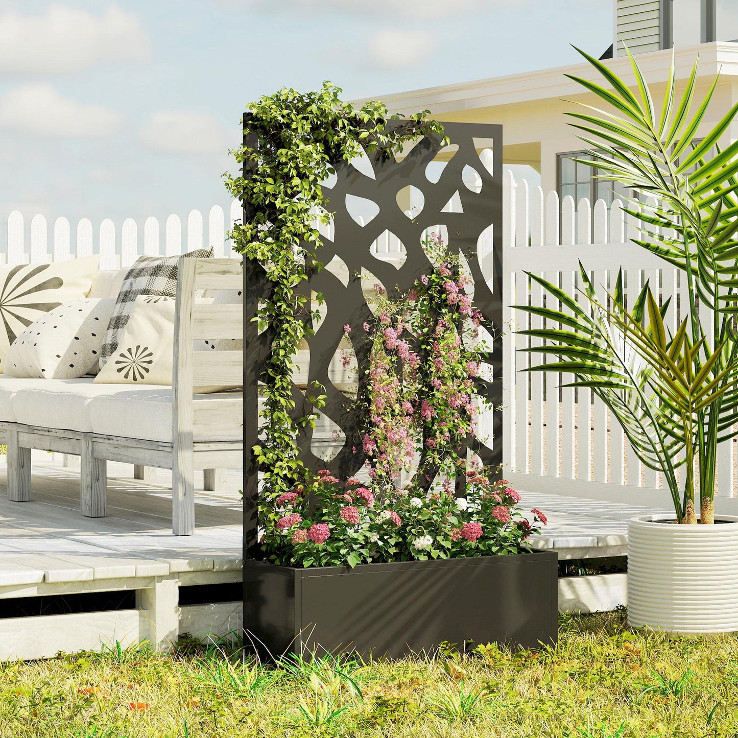 Outsunny Metal Raised Garden Bed With Trellis For Privacy Screen Outdoor Planter Box Elevated For Climbing Plants
