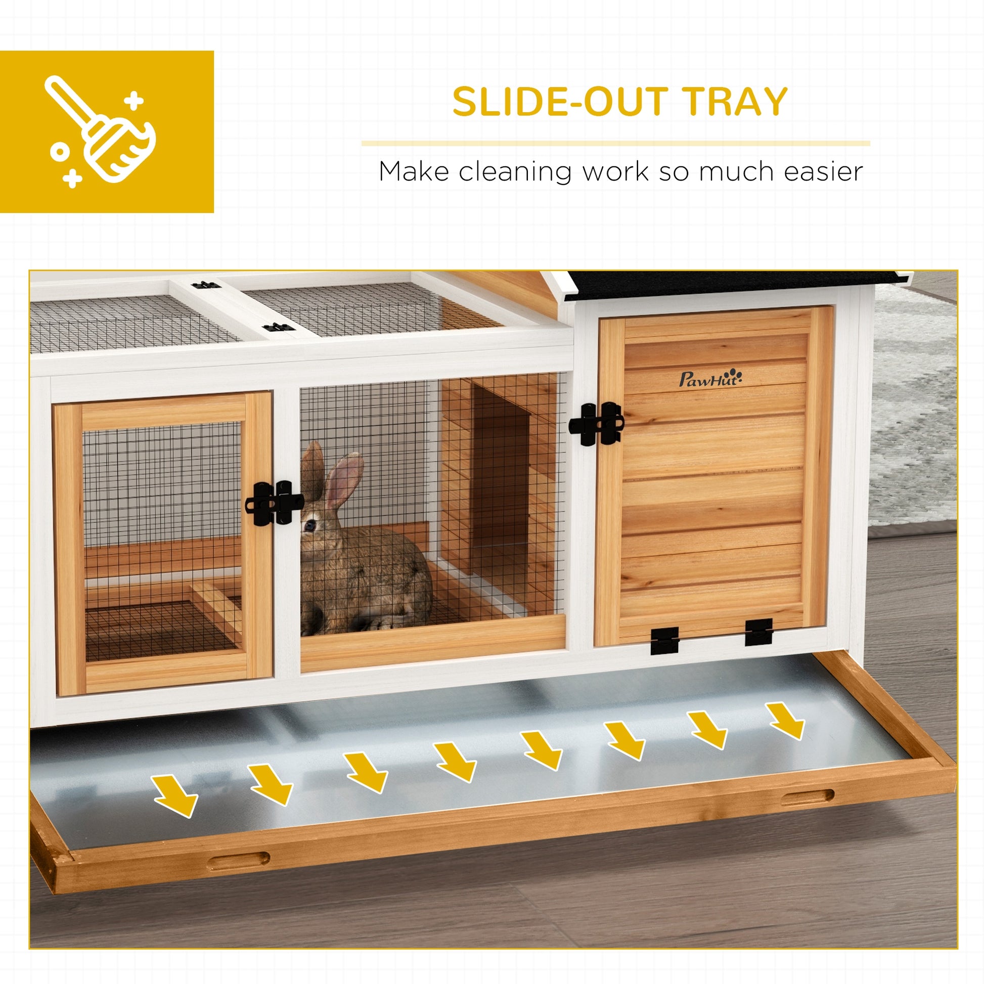 PawHut Wooden Rabbit Hutch Guinea Pig Cage with Removable Tray Wheels Yellow - ALL4U RETAILER LTD