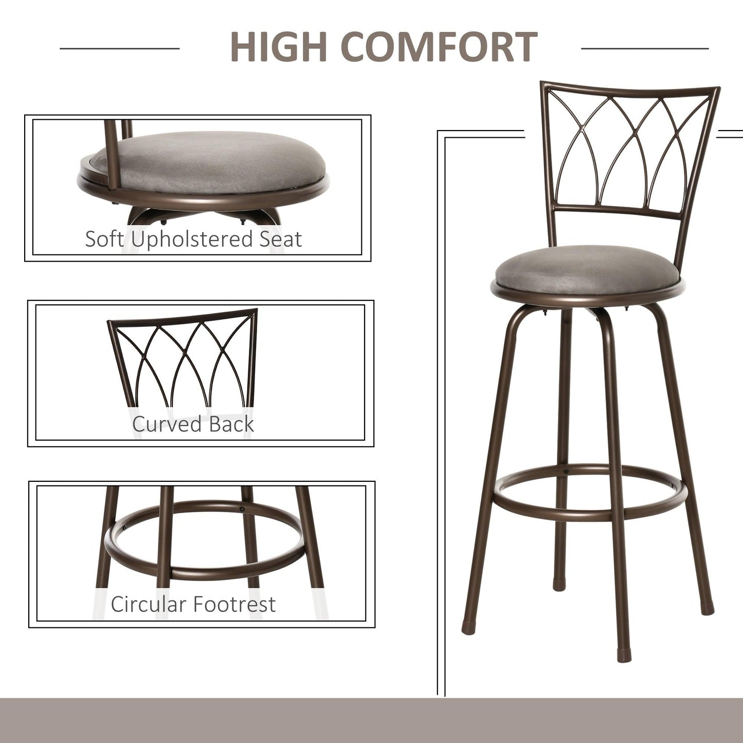 HOMCOM Set of 2 Swivel Bar Chairs with Backrest & Footrest, Bronze - ALL4U RETAILER LTD