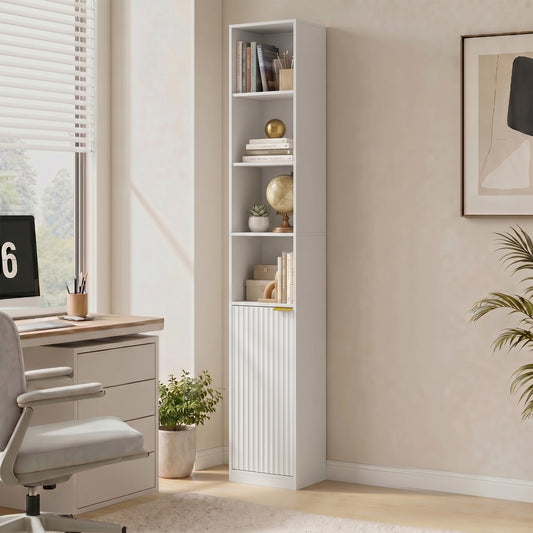 White wood-effect 6-tier bookcase with open shelves and ribbed cabinet doors