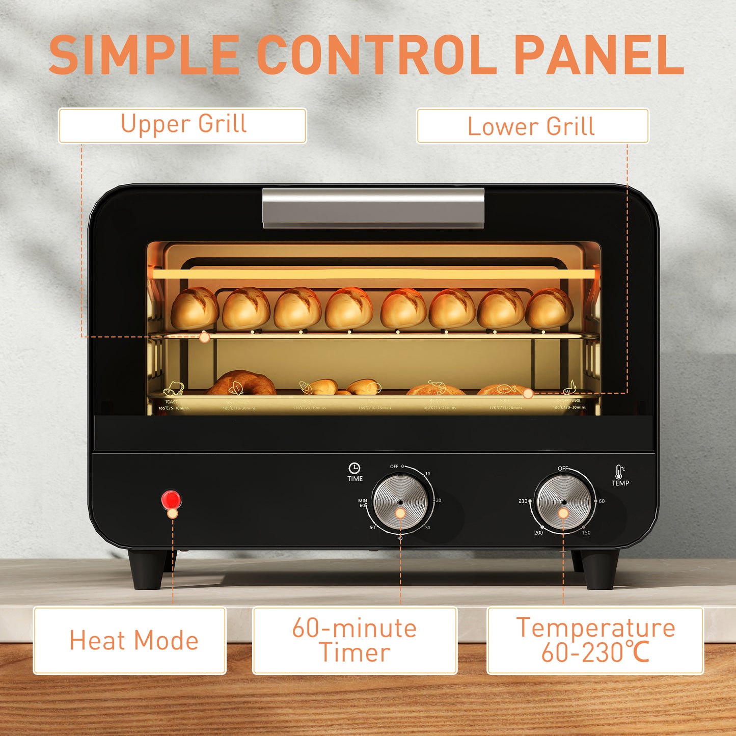 HOMCOM 12L Multifunction Mini Countertop Toaster Oven With Glass Door Adjustable Temperature And Timer Black