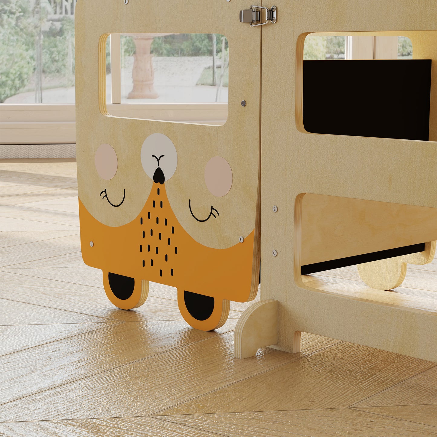 AIYAPLAY Toddler Step Stool Fox Shaped 3 in 1 Standing Tower with Chalkboard for Kitchen Counter Natural Wood